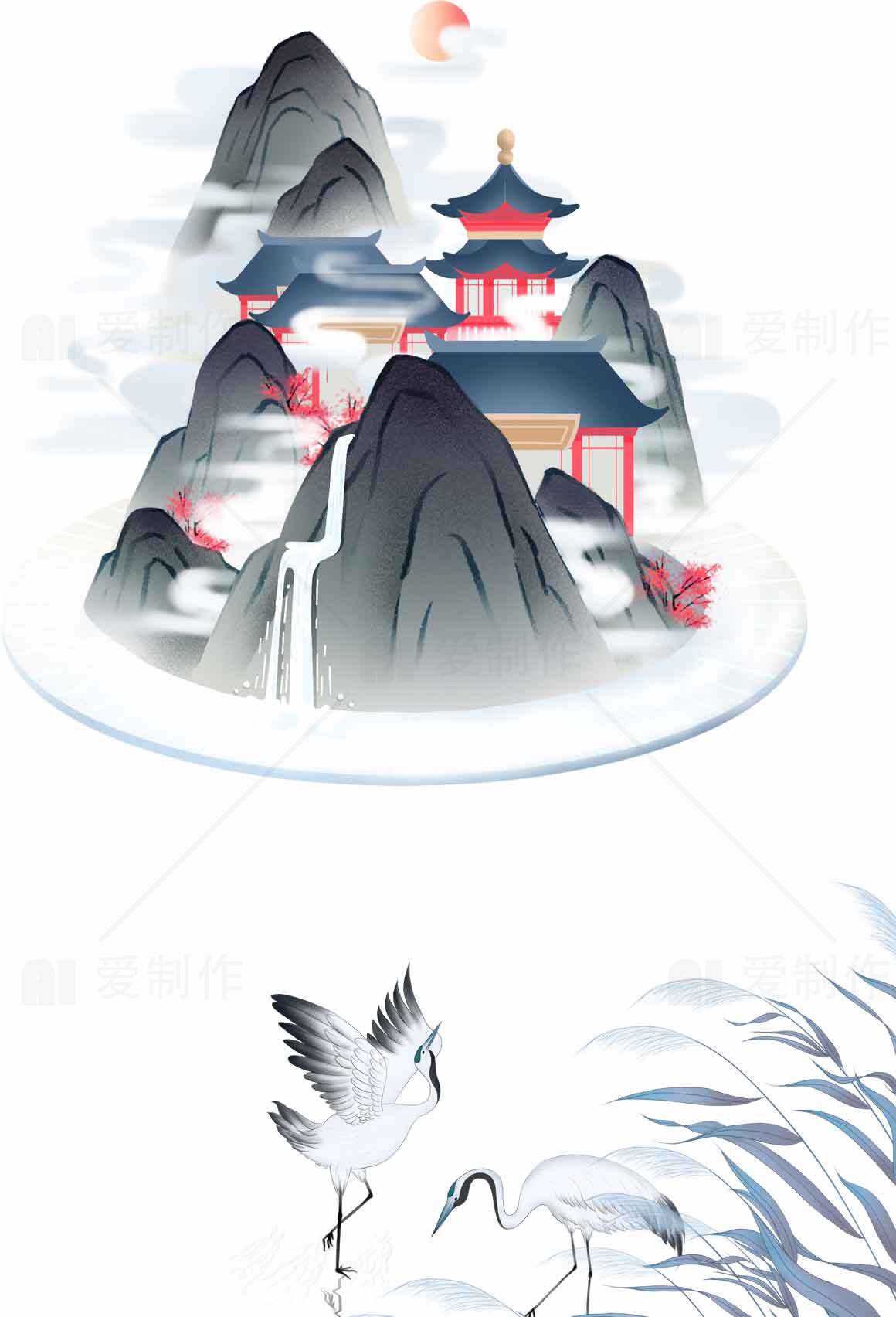 中国传统山水画风格插画：仙鹤与古建筑意境美素材