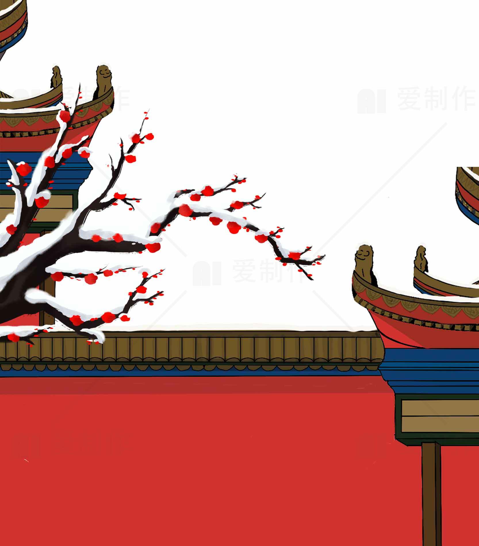 中国传统建筑与红墙梅花意境插画素材