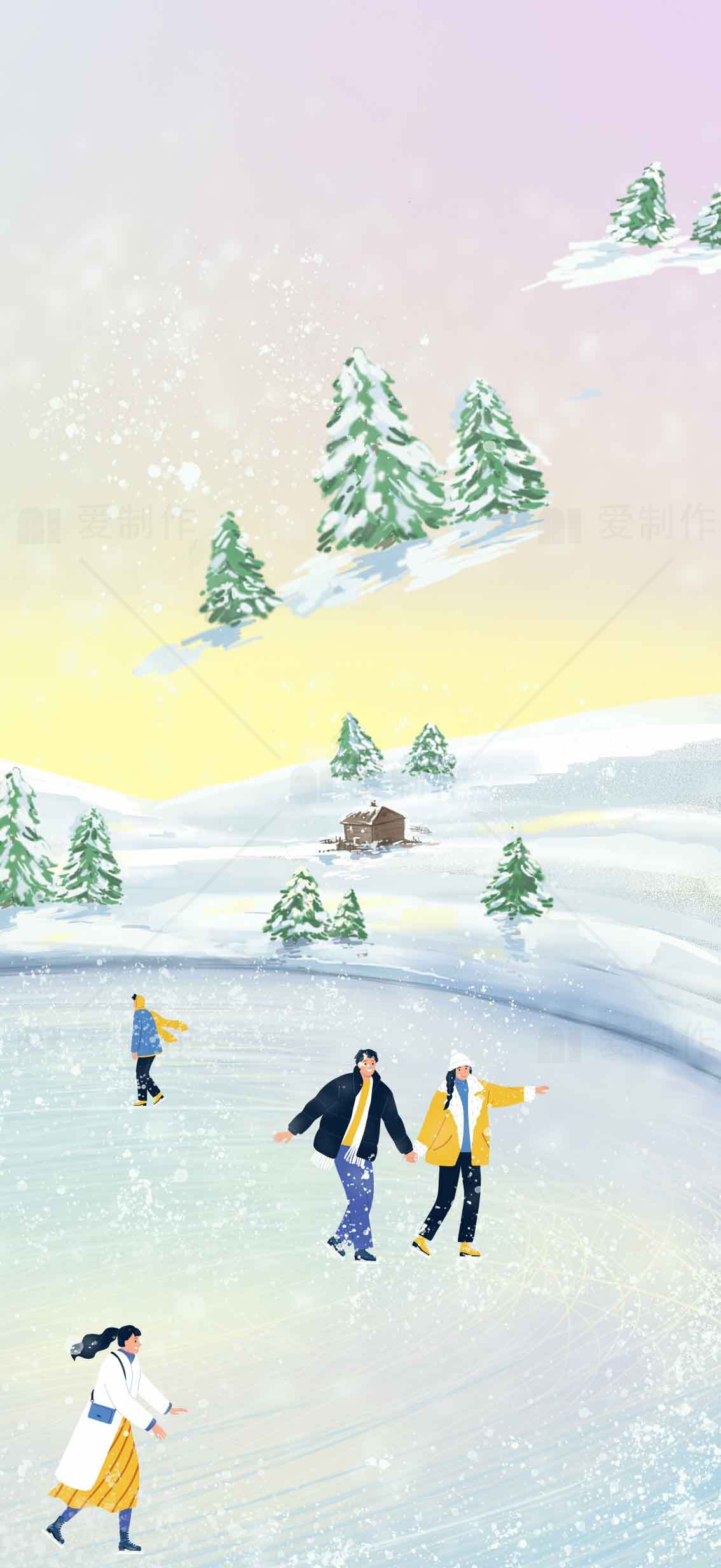 冬季冰雪世界的浪漫滑冰场景素材