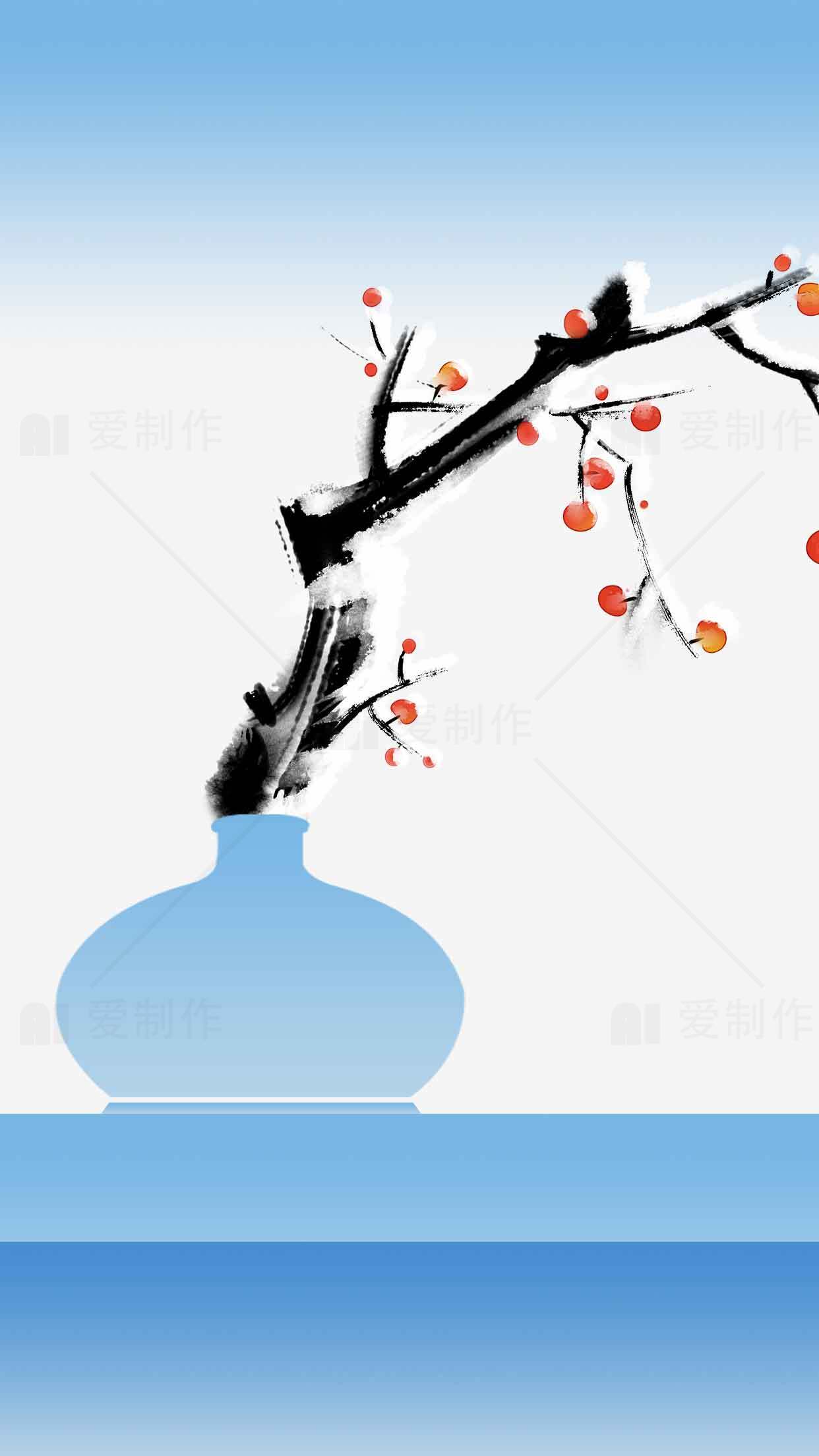 简约水墨风花瓶与红果插画素材