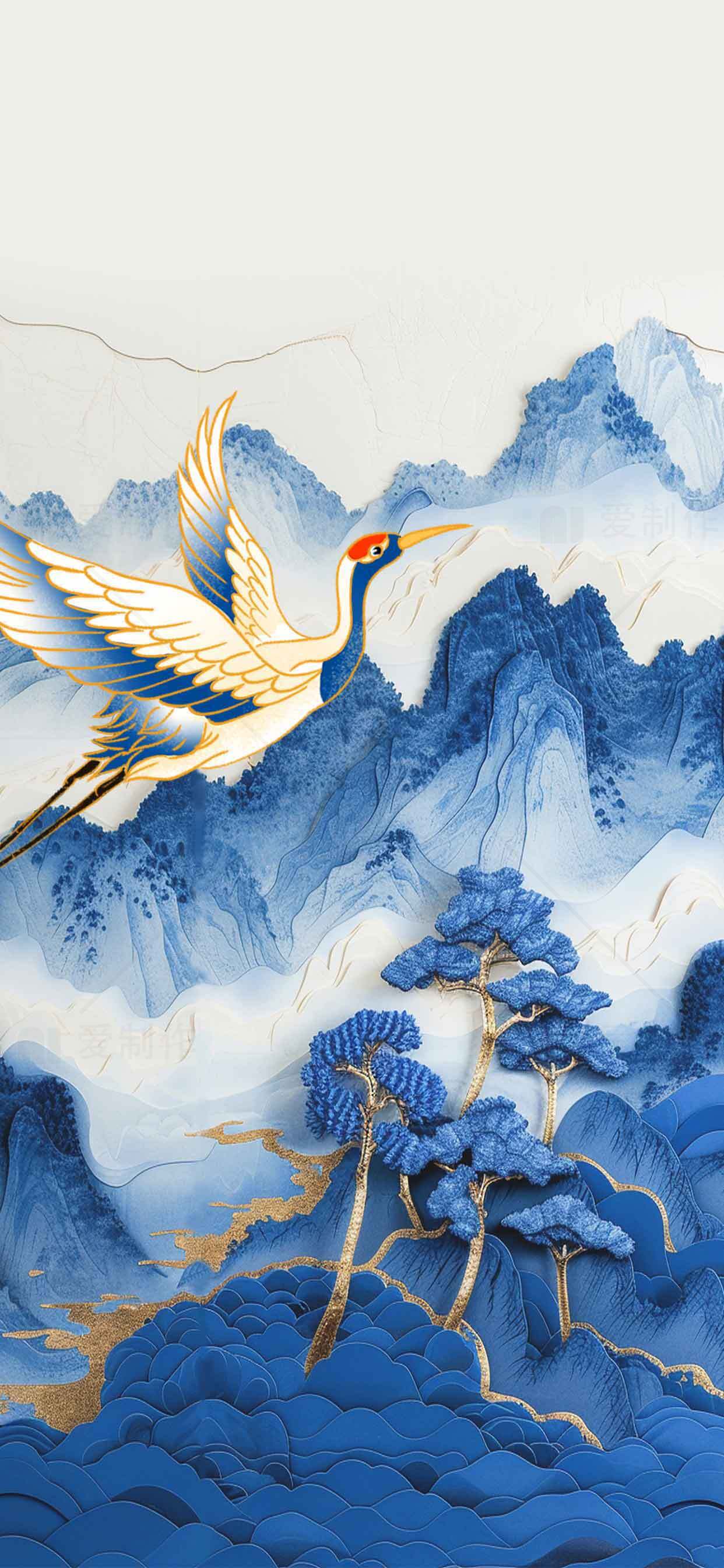 蓝色山水与仙鹤国风壁纸素材