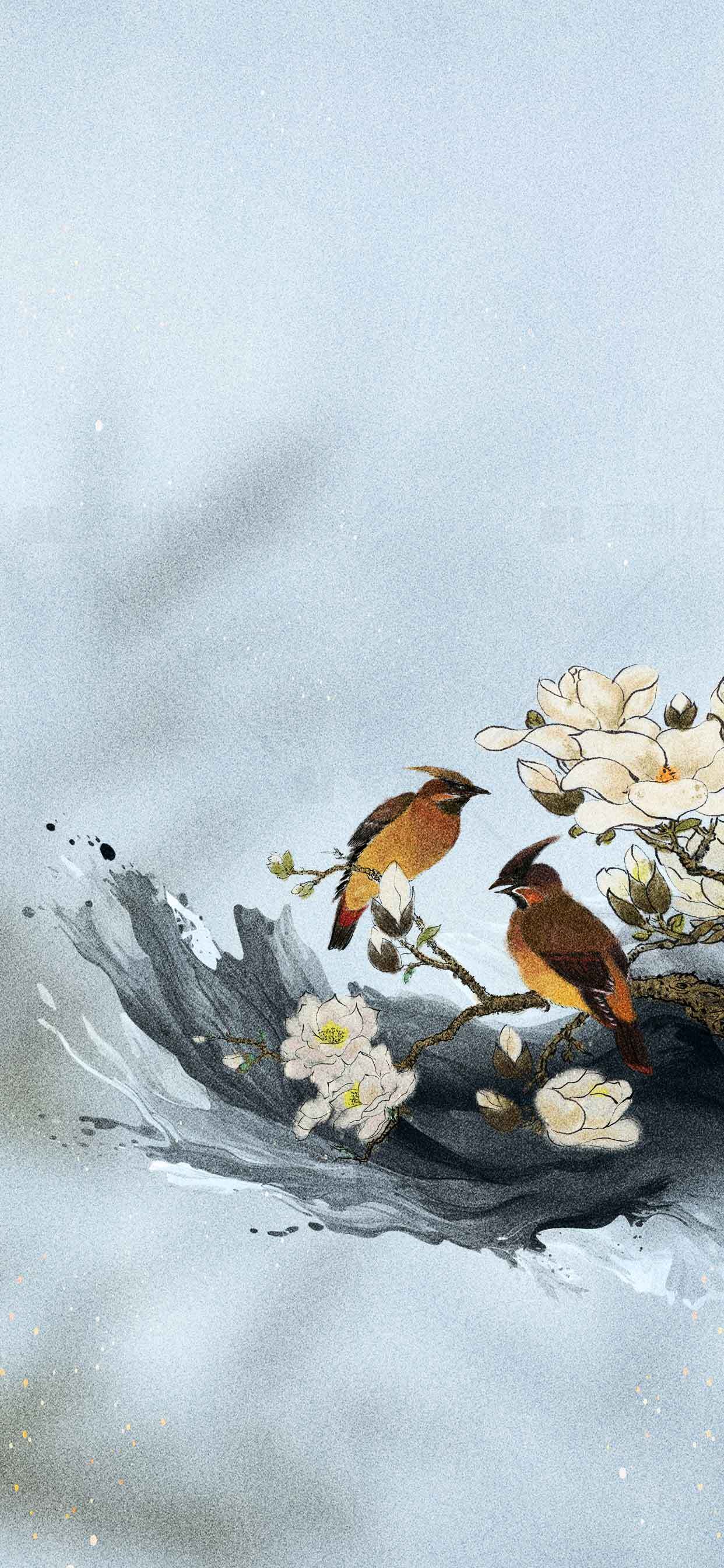 中国风水墨画鸟与花唯美背景图片素材