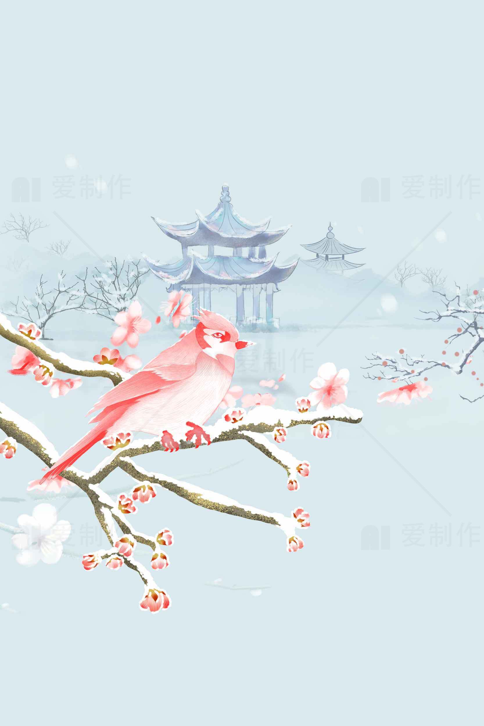 唯美中国风冬季雪景与粉色鸟儿插画素材