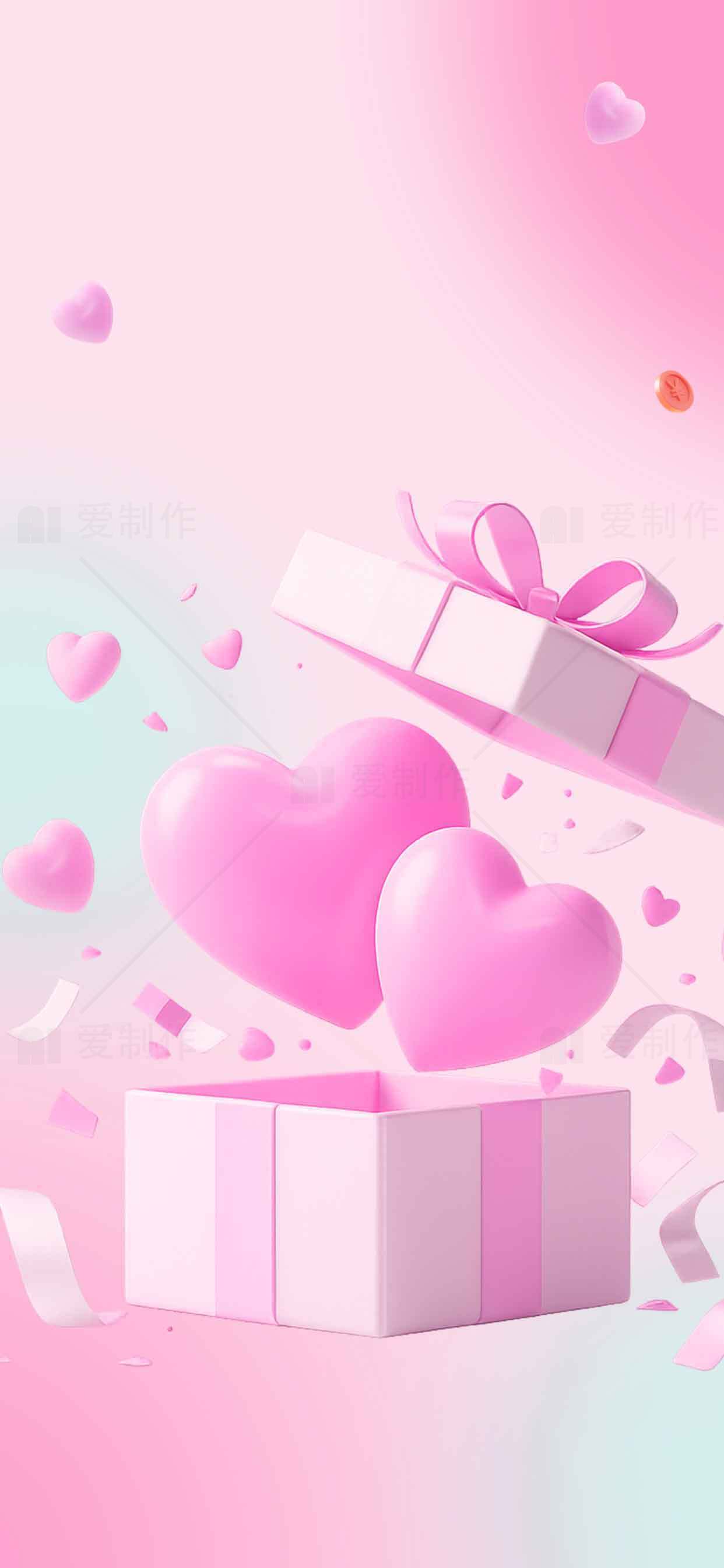 浪漫粉色礼盒与爱心图片素材