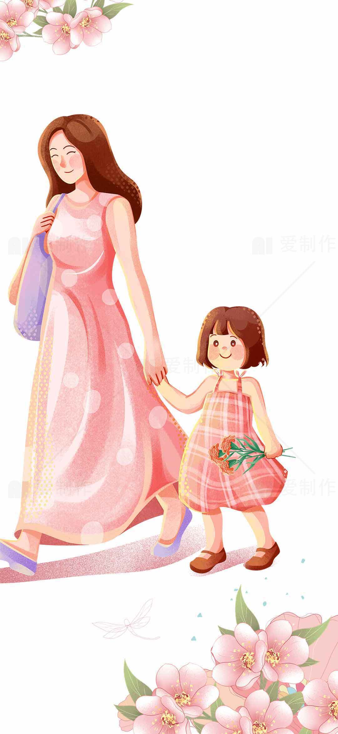 母女温馨插画：春日花卉背景素材