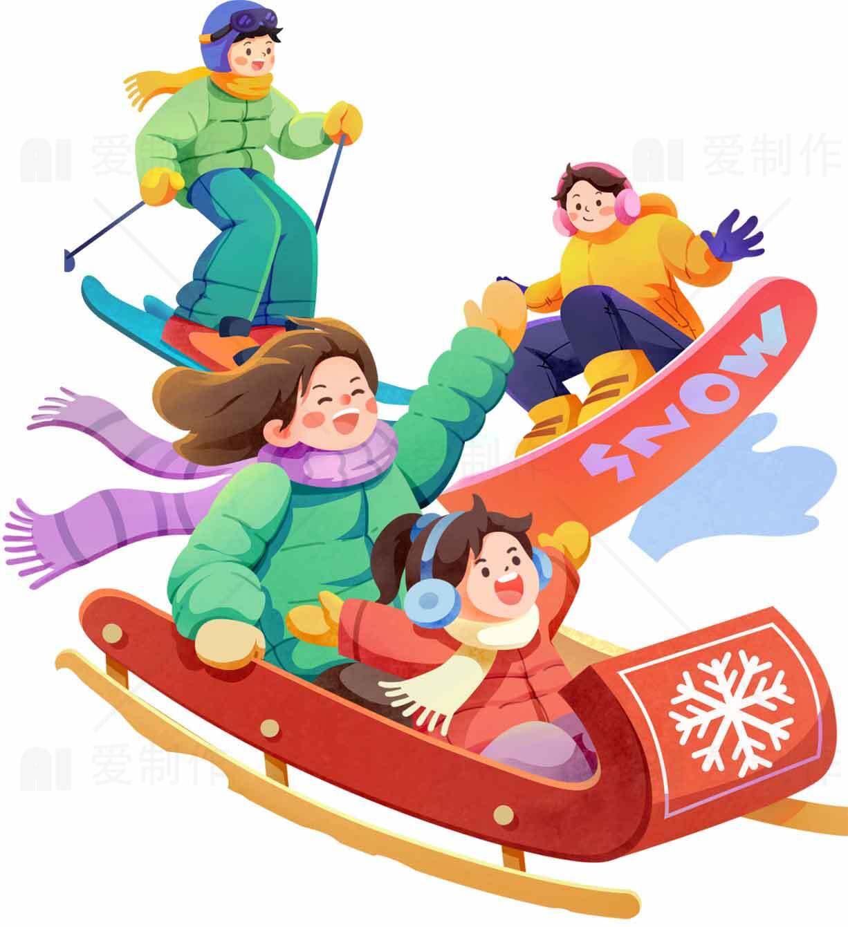 冬季滑雪和雪橇家庭活动插画素材