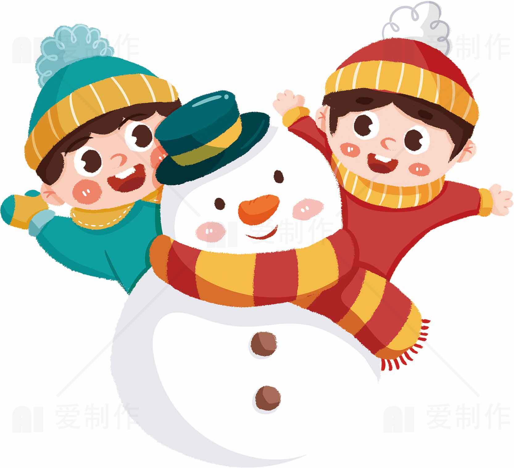 冬季雪人和孩子们的欢乐时光插画素材