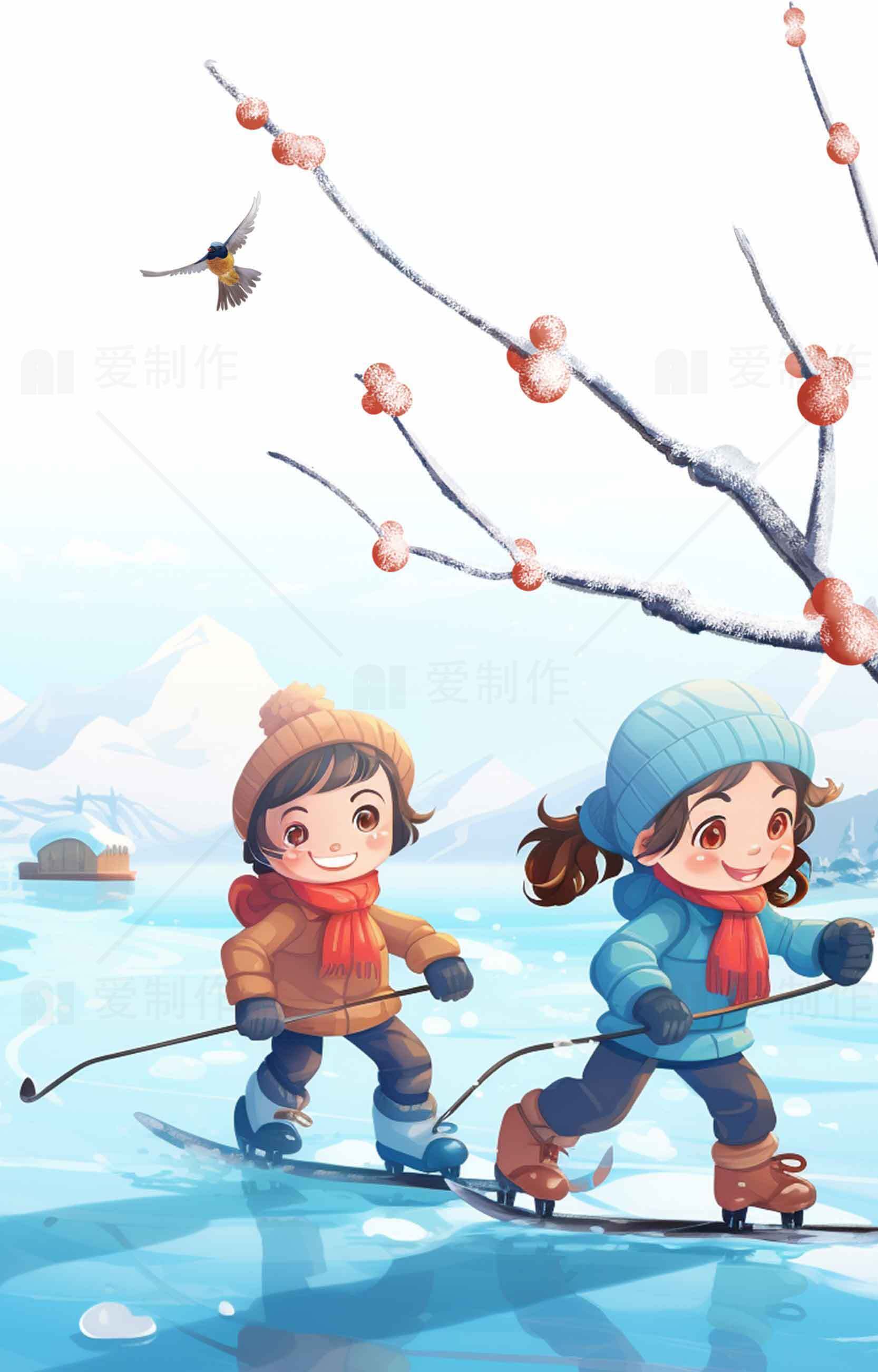 冬季滑雪儿童插画-冰雪世界的童趣素材