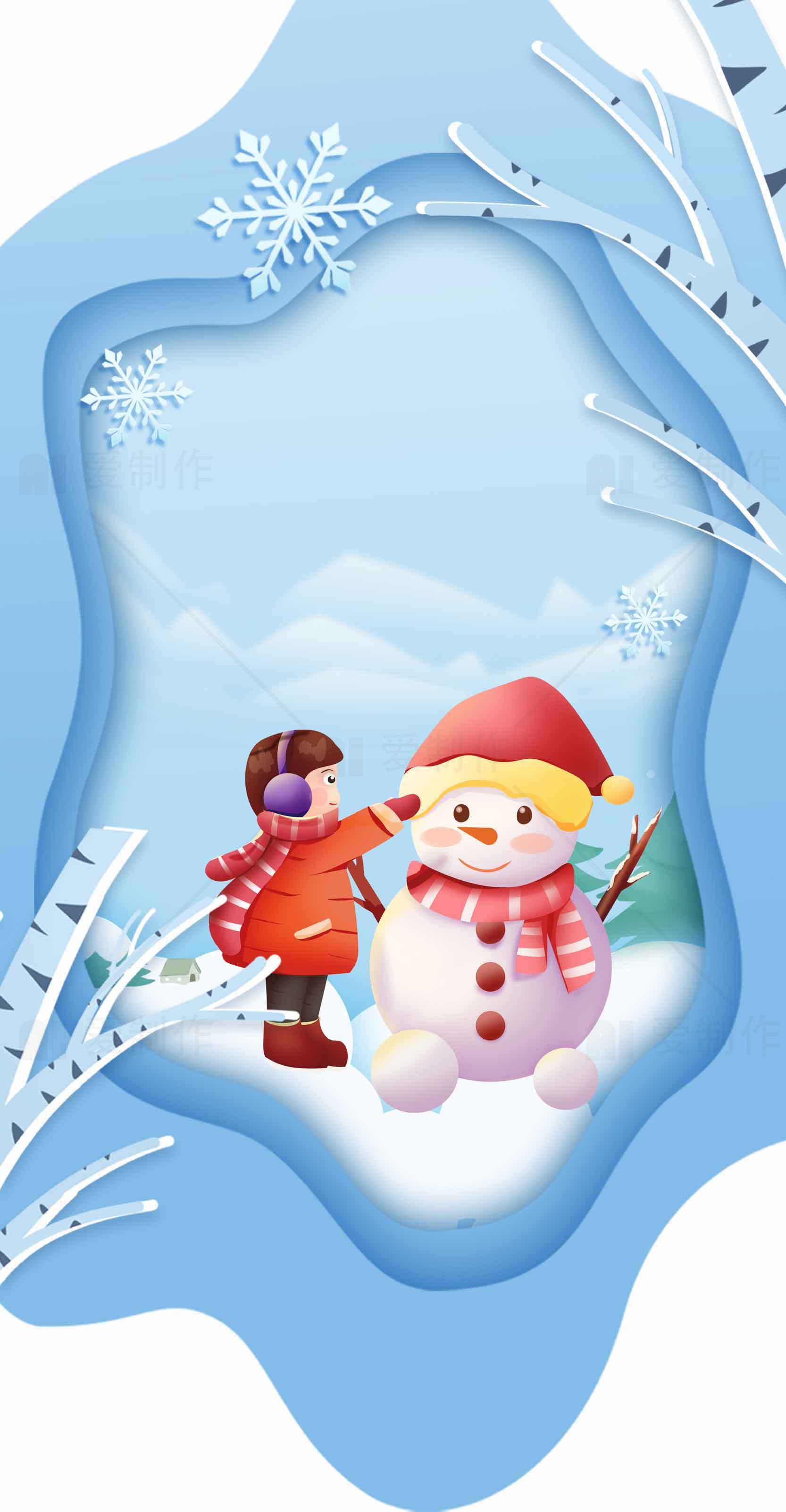 冬季雪人儿童插画背景图片素材