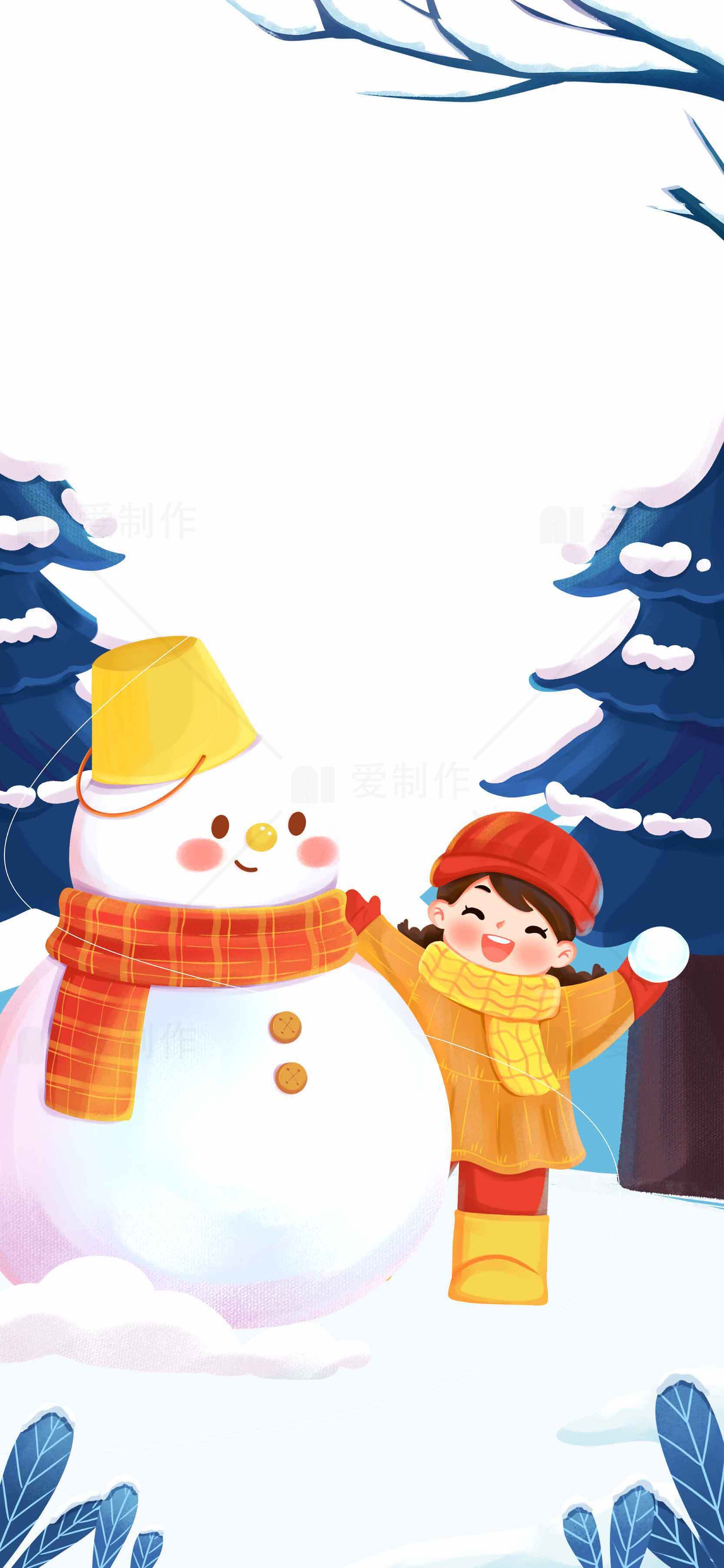 冬季雪人和孩子的温馨插画图片素材