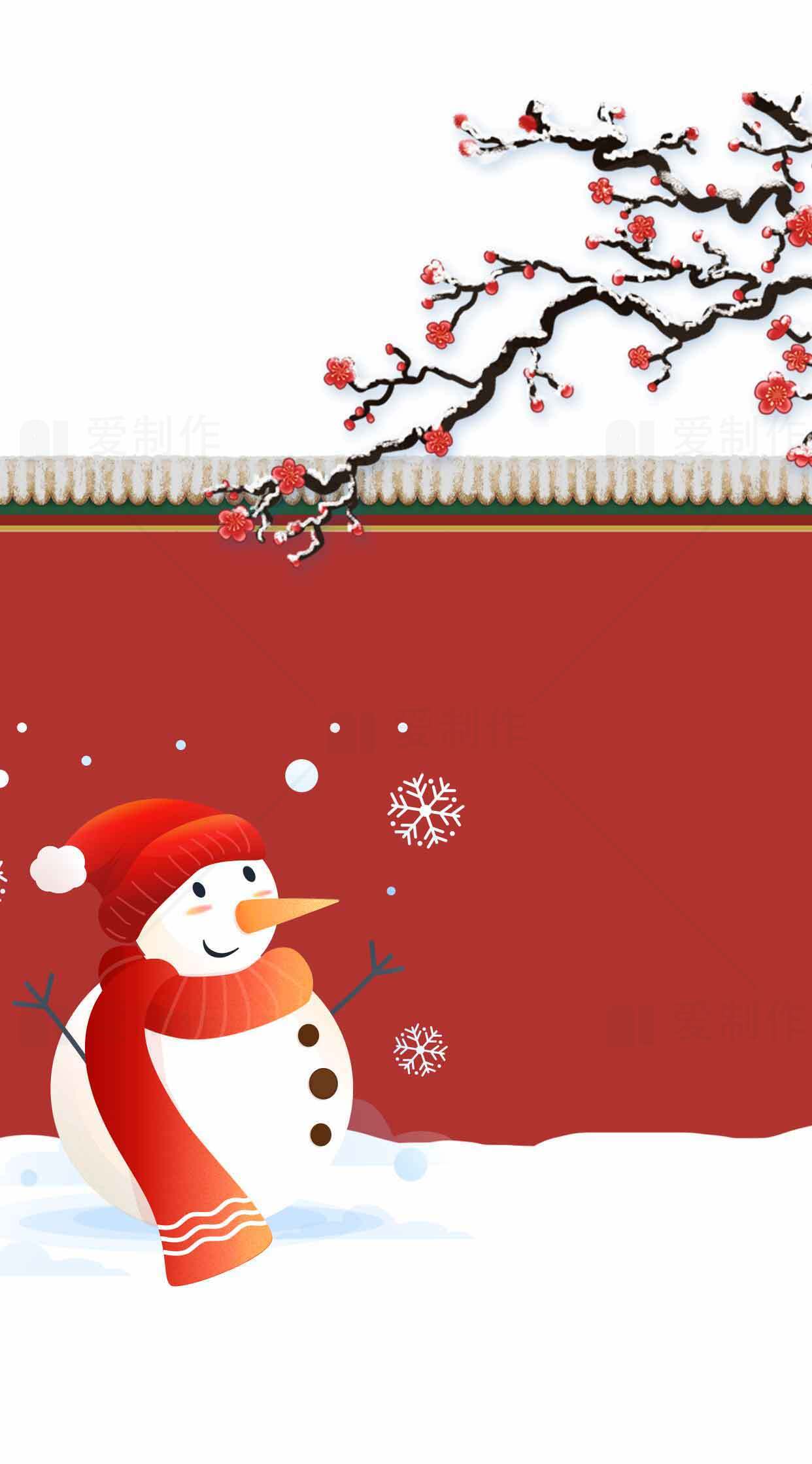 冬季雪人与红墙梅花背景图片素材