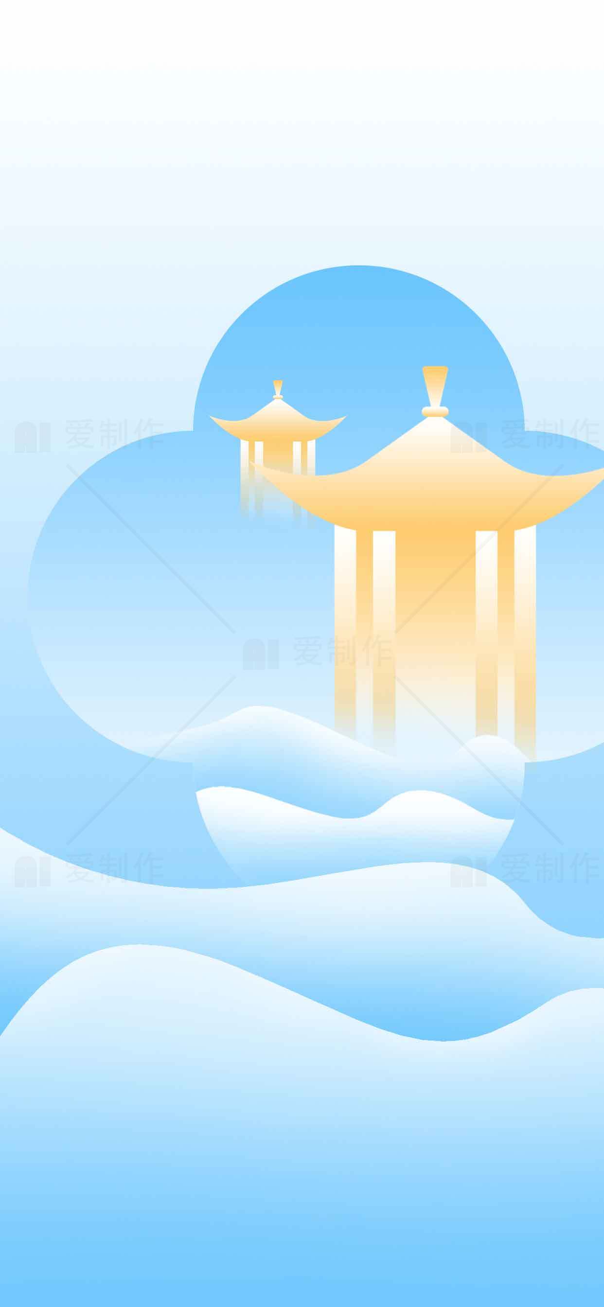 中国传统山水风景插画——蓝色与金色的和谐美素材