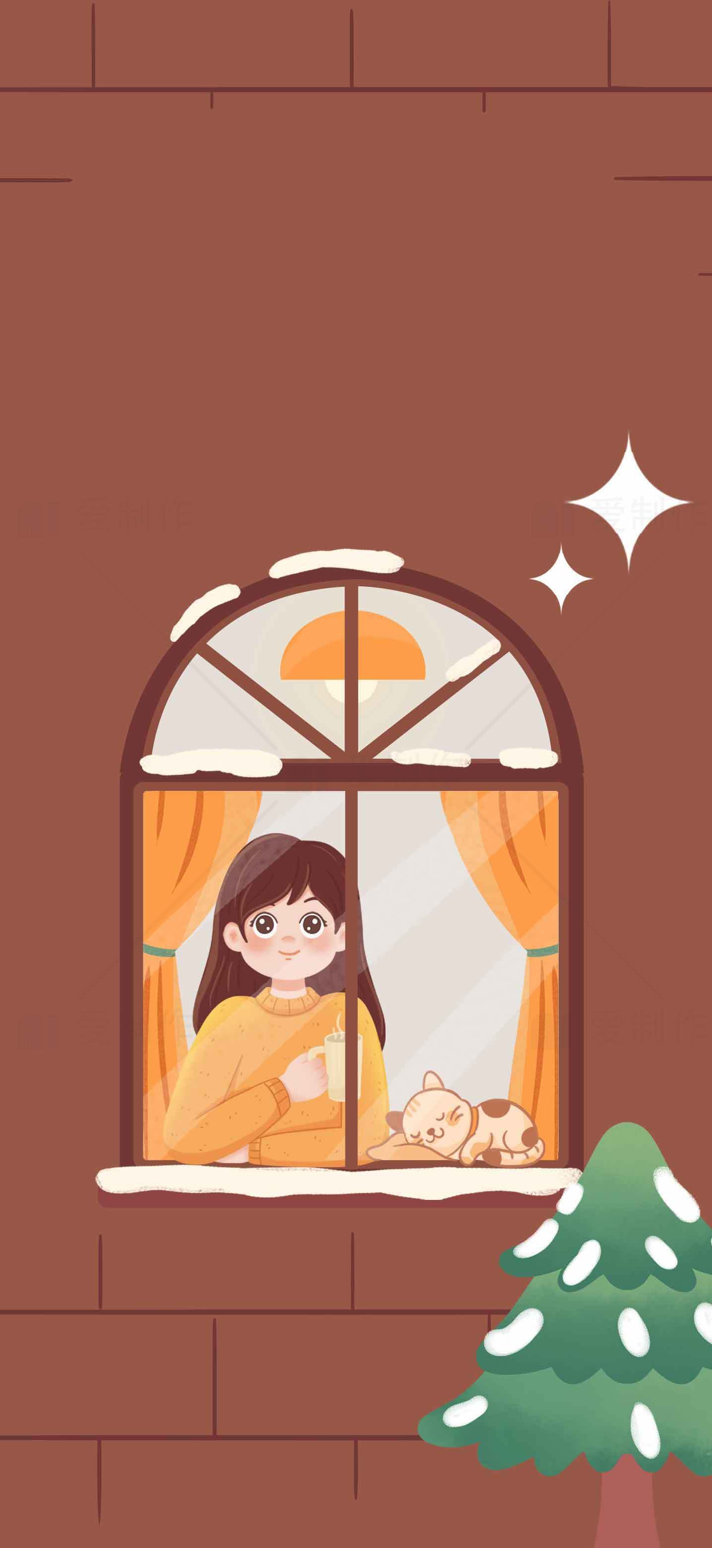 冬日暖阳窗边女孩与猫插画素材