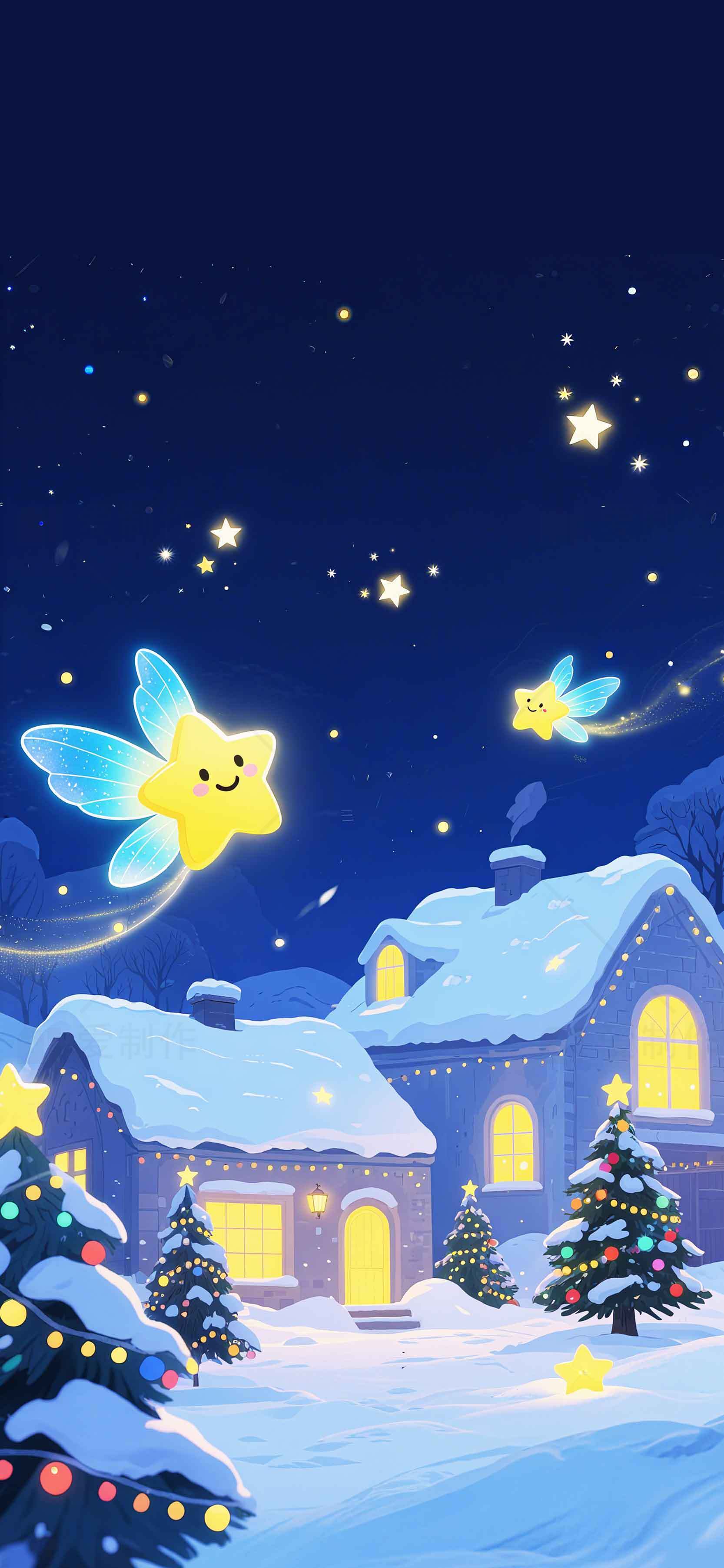冬季夜空中的童话小屋与星星精灵插画素材