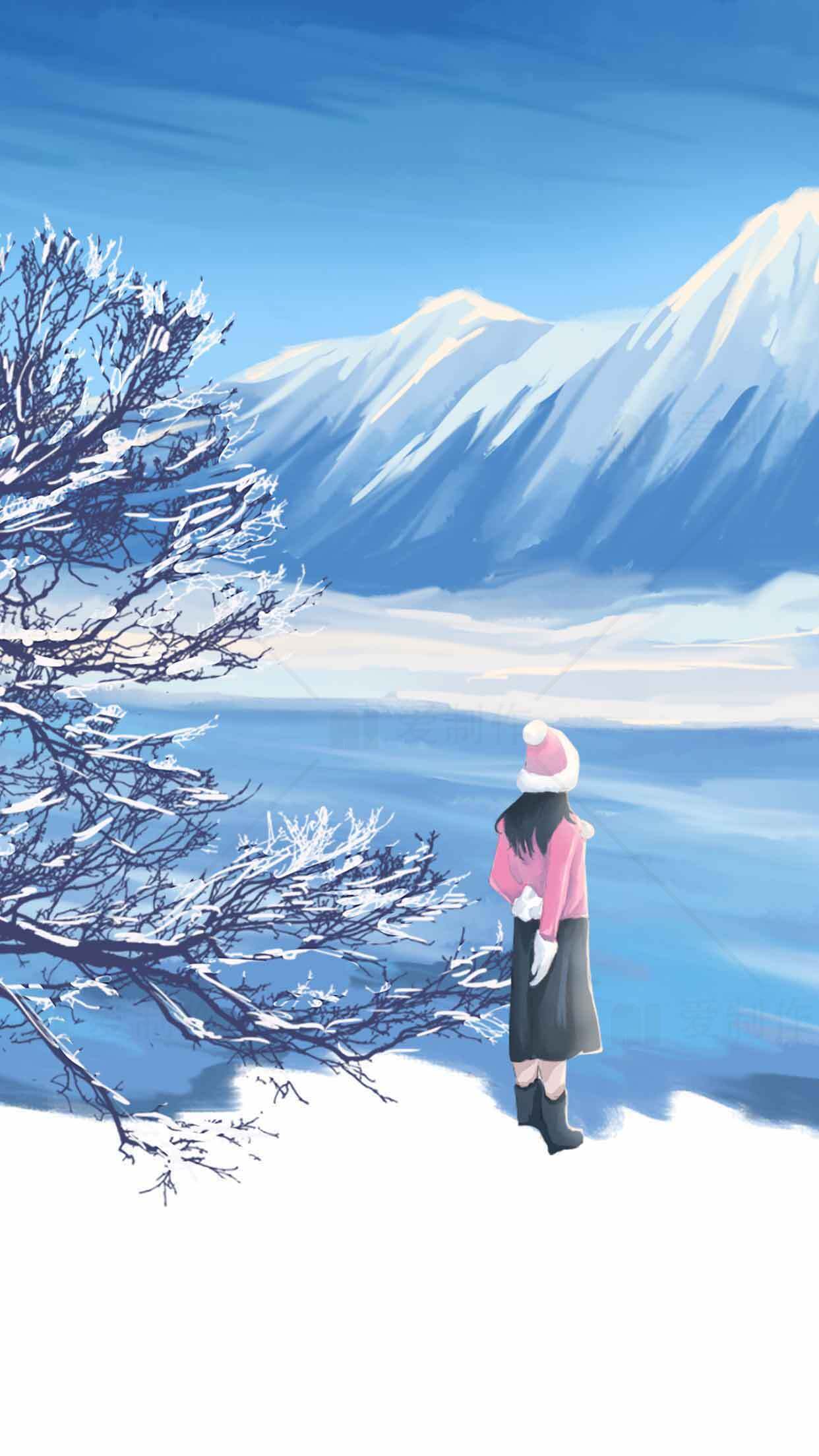冬日雪景插画：少女与雪山的唯美邂逅素材