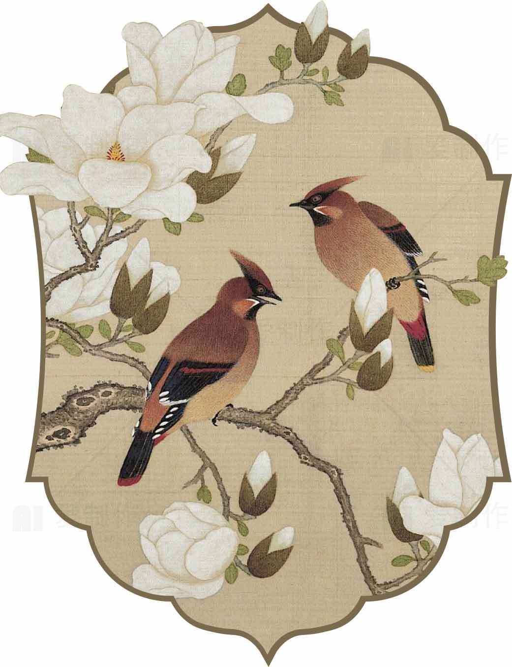 唯美蜡嘴鸟与白玉兰花装饰画素材