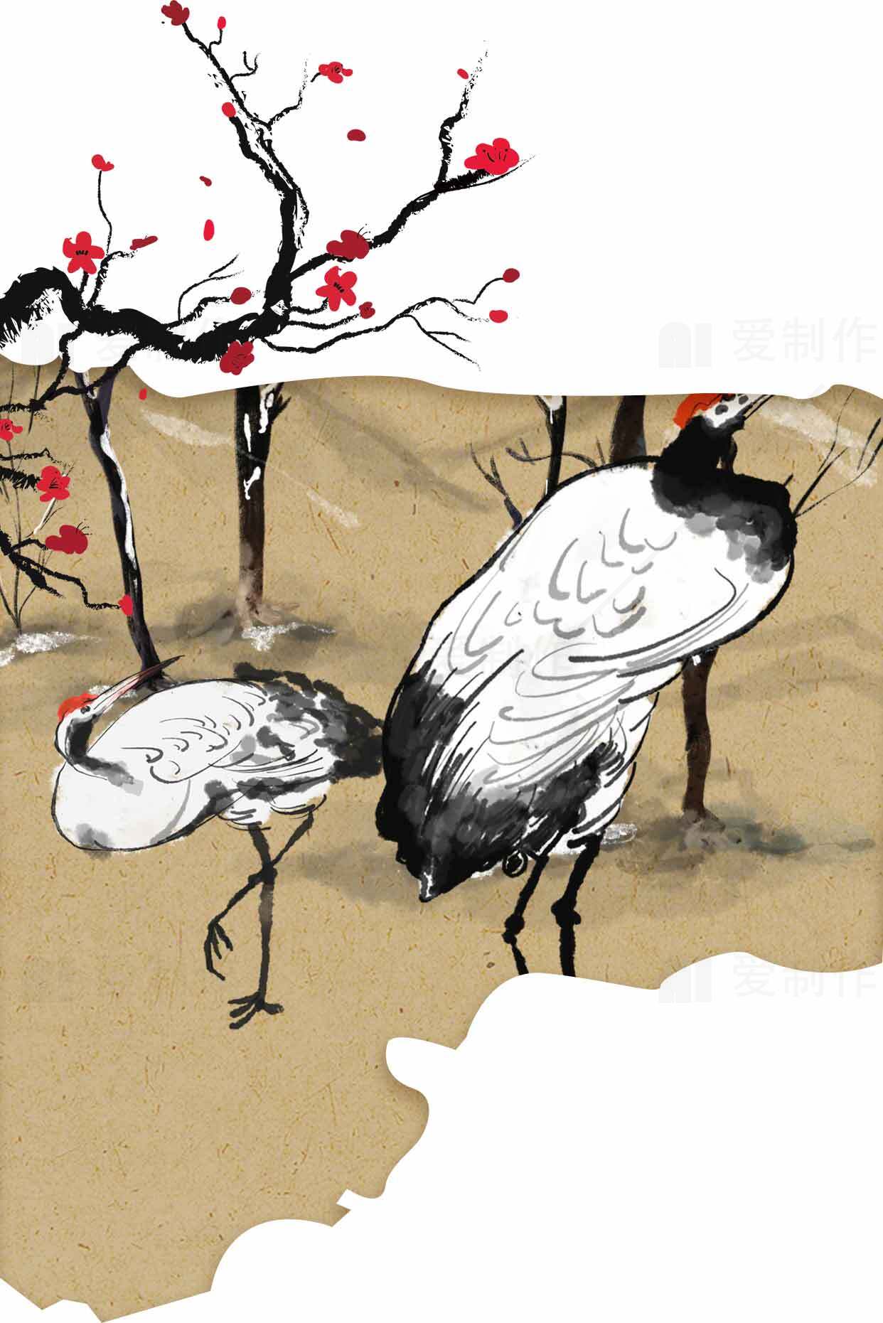 国画风格丹顶鹤与梅花意境图素材