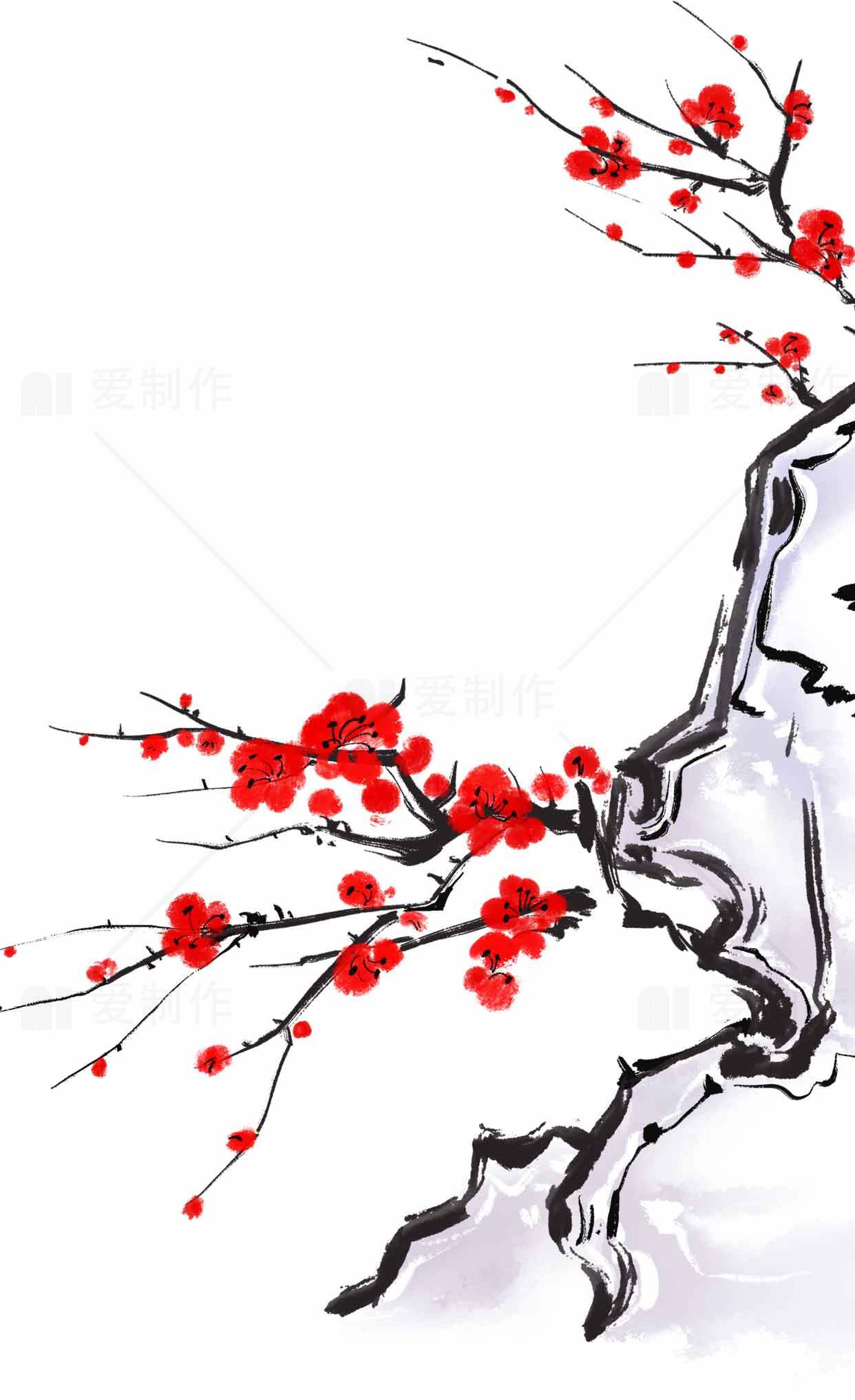 中国水墨画红梅图素材