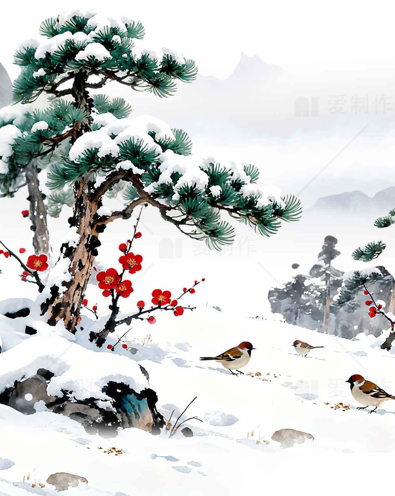 冬日雪景国画：松树与红梅点缀的自然之美素材