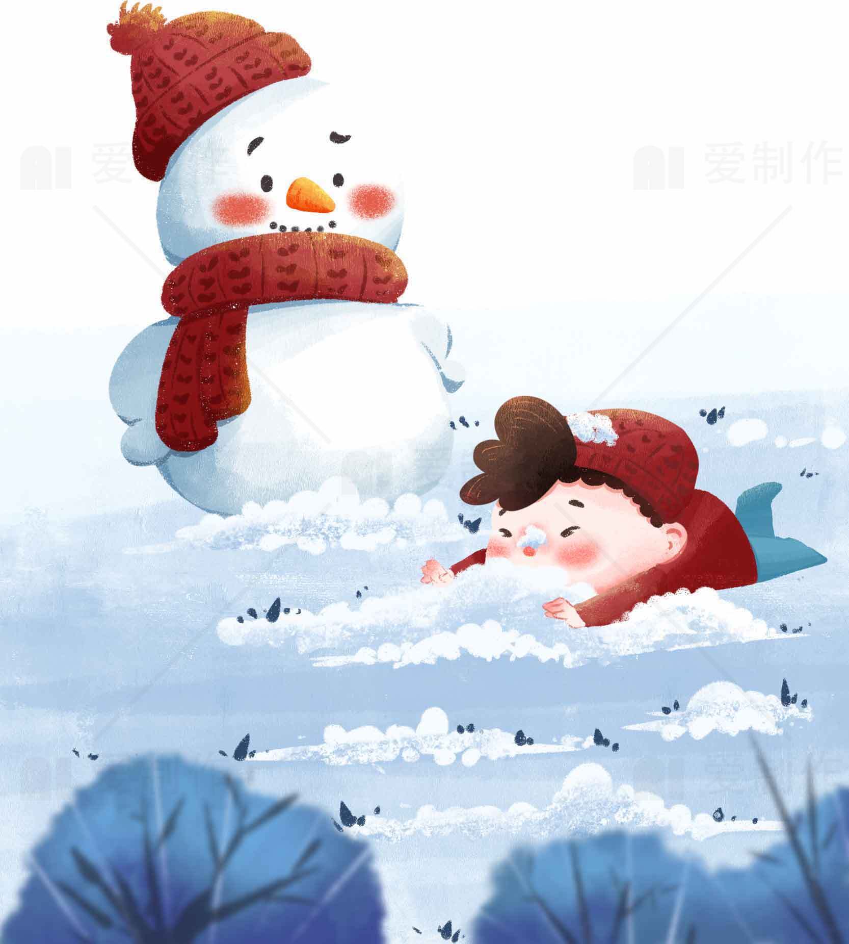 冬季雪人和孩子的温馨互动插画素材