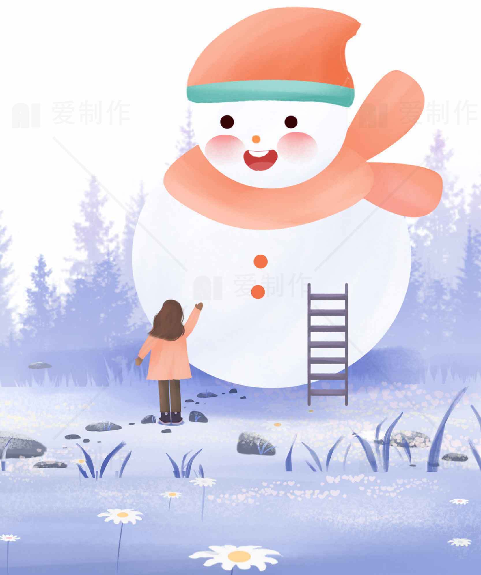 冬日童话：巨型雪人和女孩的温馨时光素材