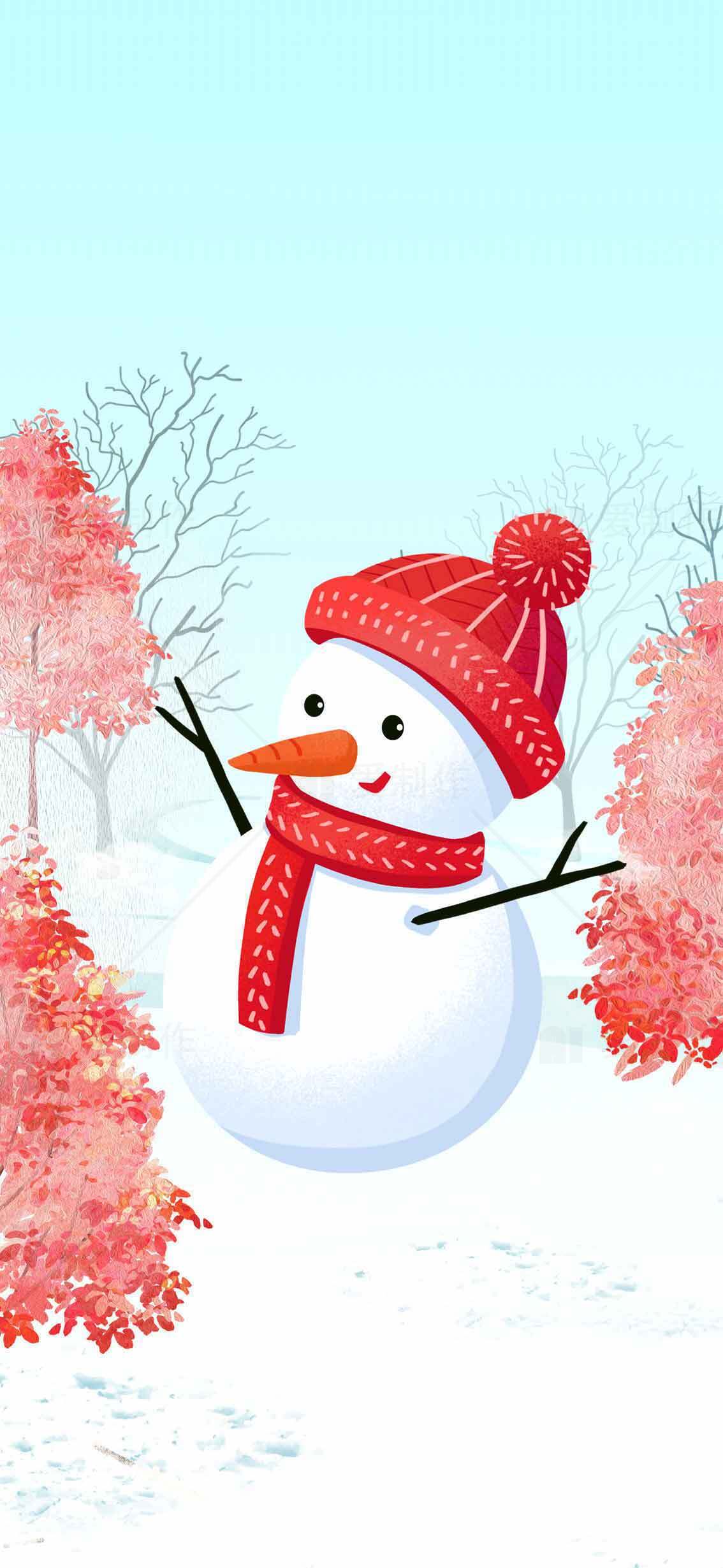 冬季雪人插画：红色围巾与帽子的温暖搭配素材