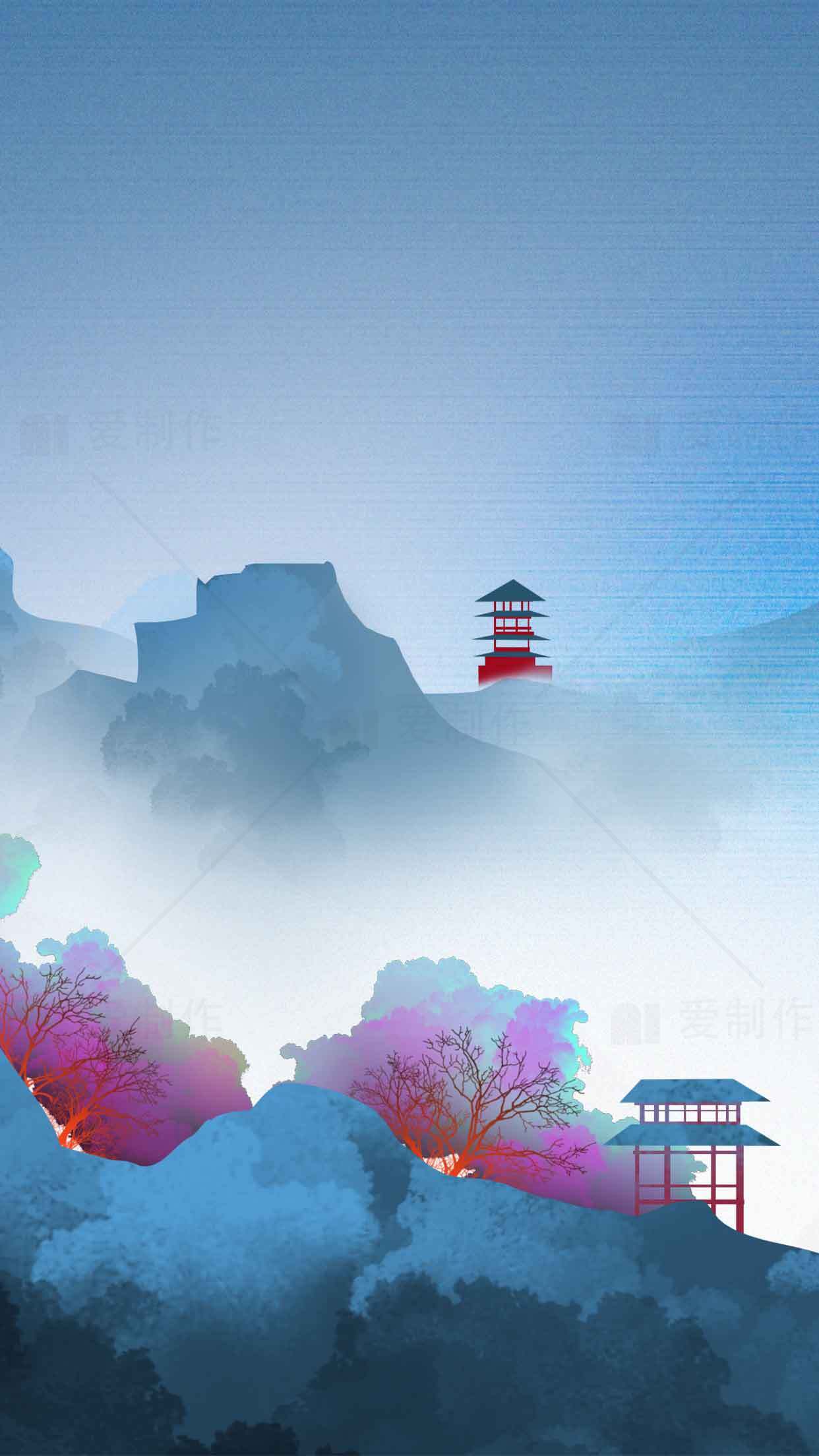 唯美中国山水风景插画背景图片素材