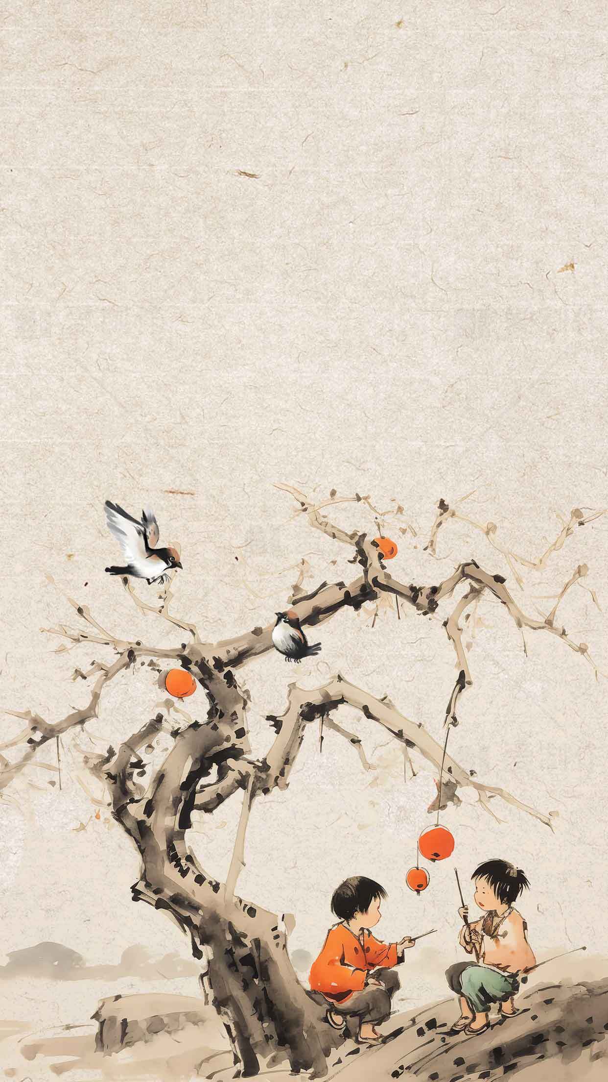 中国传统水墨画儿童与灯笼场景素材