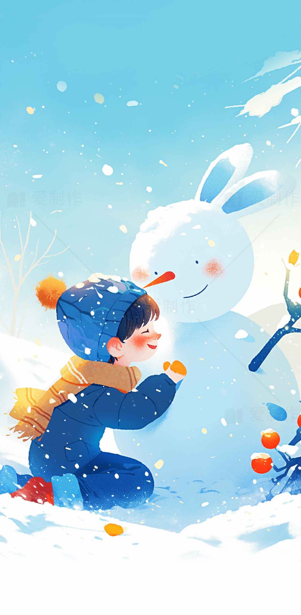 冬日童趣：孩子与雪人互动的温馨场景素材