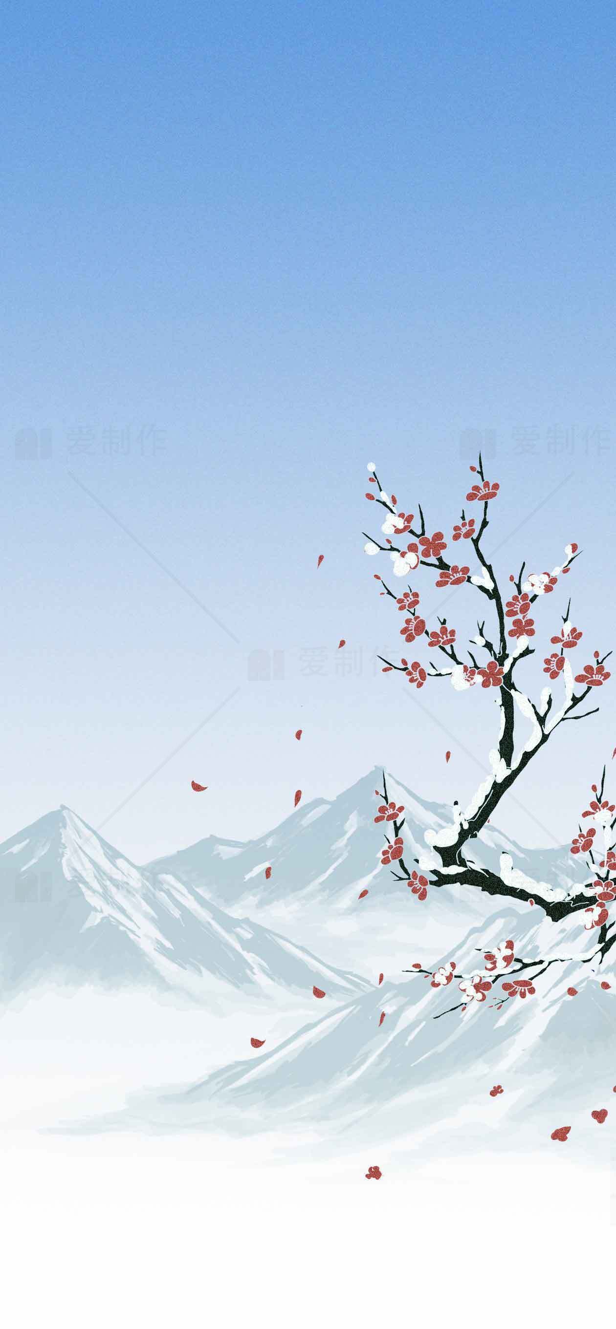 唯美水墨风山水画：梅花与雪山背景素材