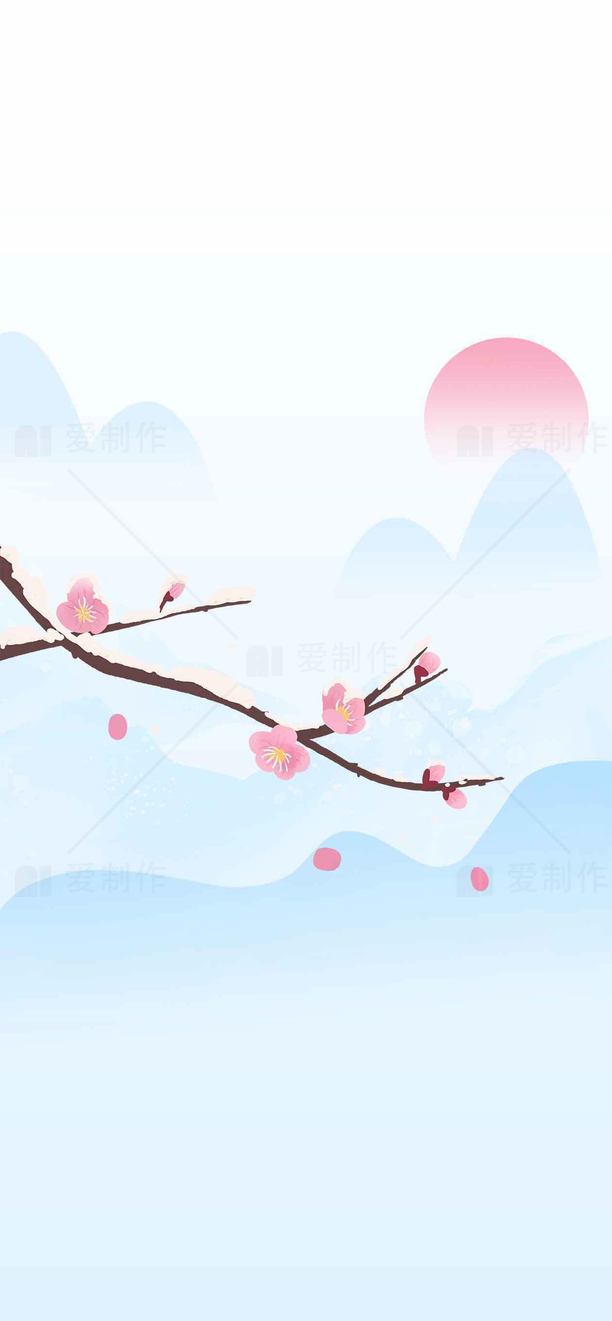 唯美水墨风梅花与山水背景图片素材