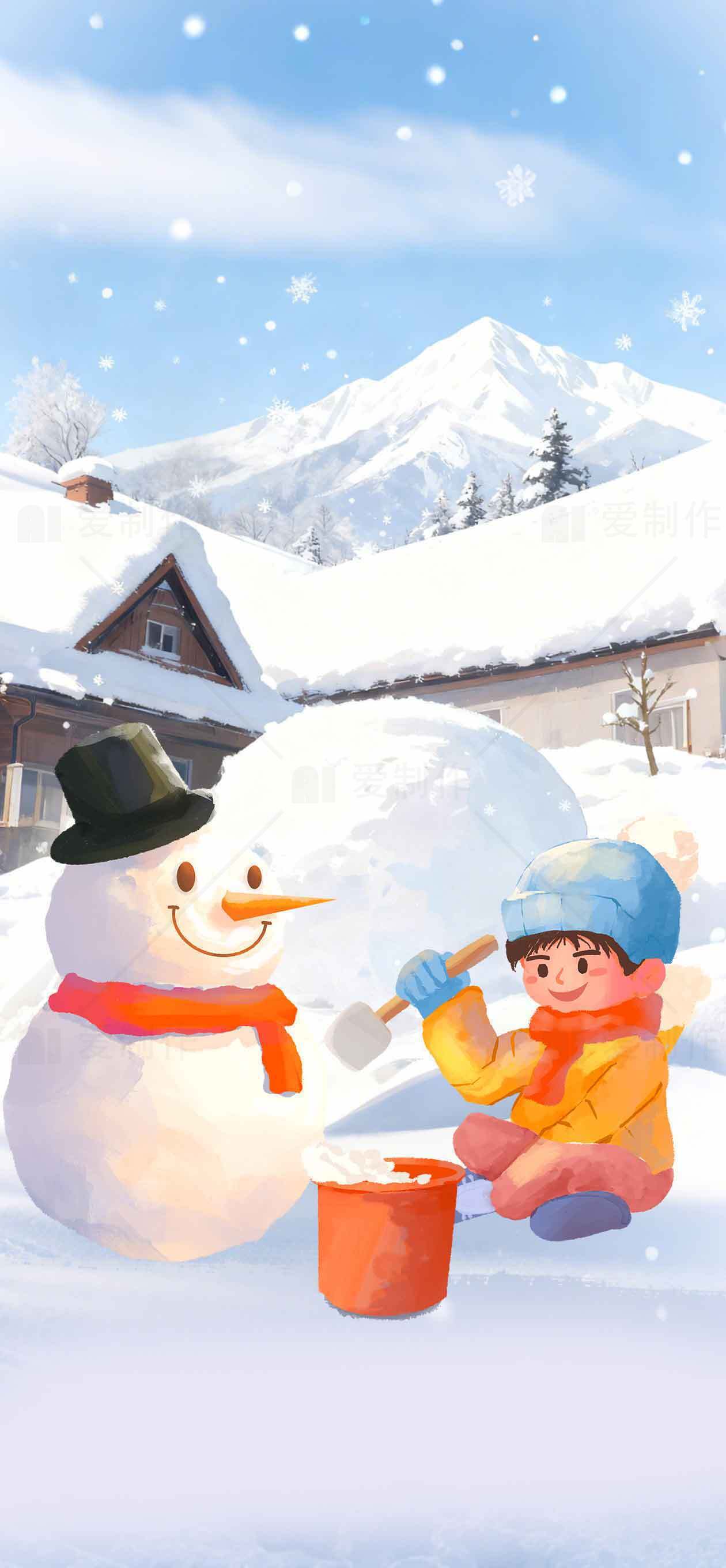 冬季雪景儿童堆雪人插画图片素材