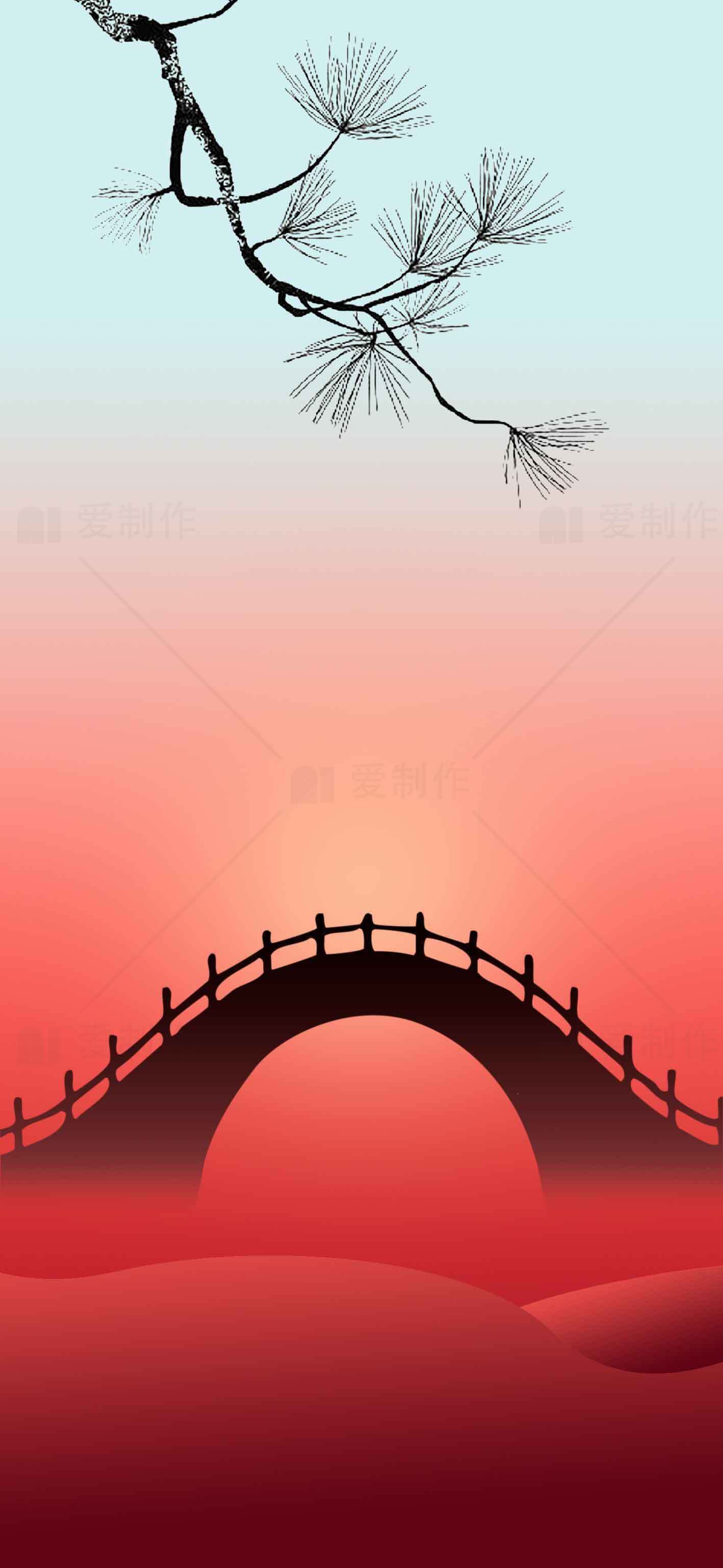 唯美中国风桥梁日出背景图片素材