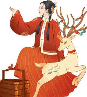 古风红衣女子与麋鹿插画设计