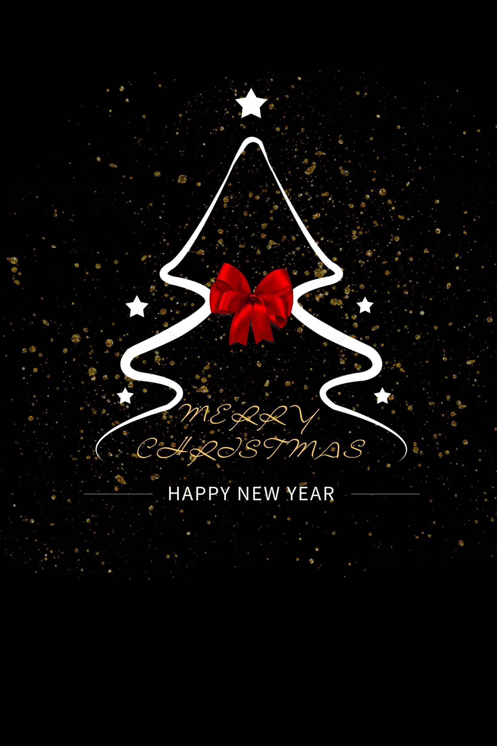 简约圣诞树贺卡设计-黑色背景与红色蝴蝶结素材