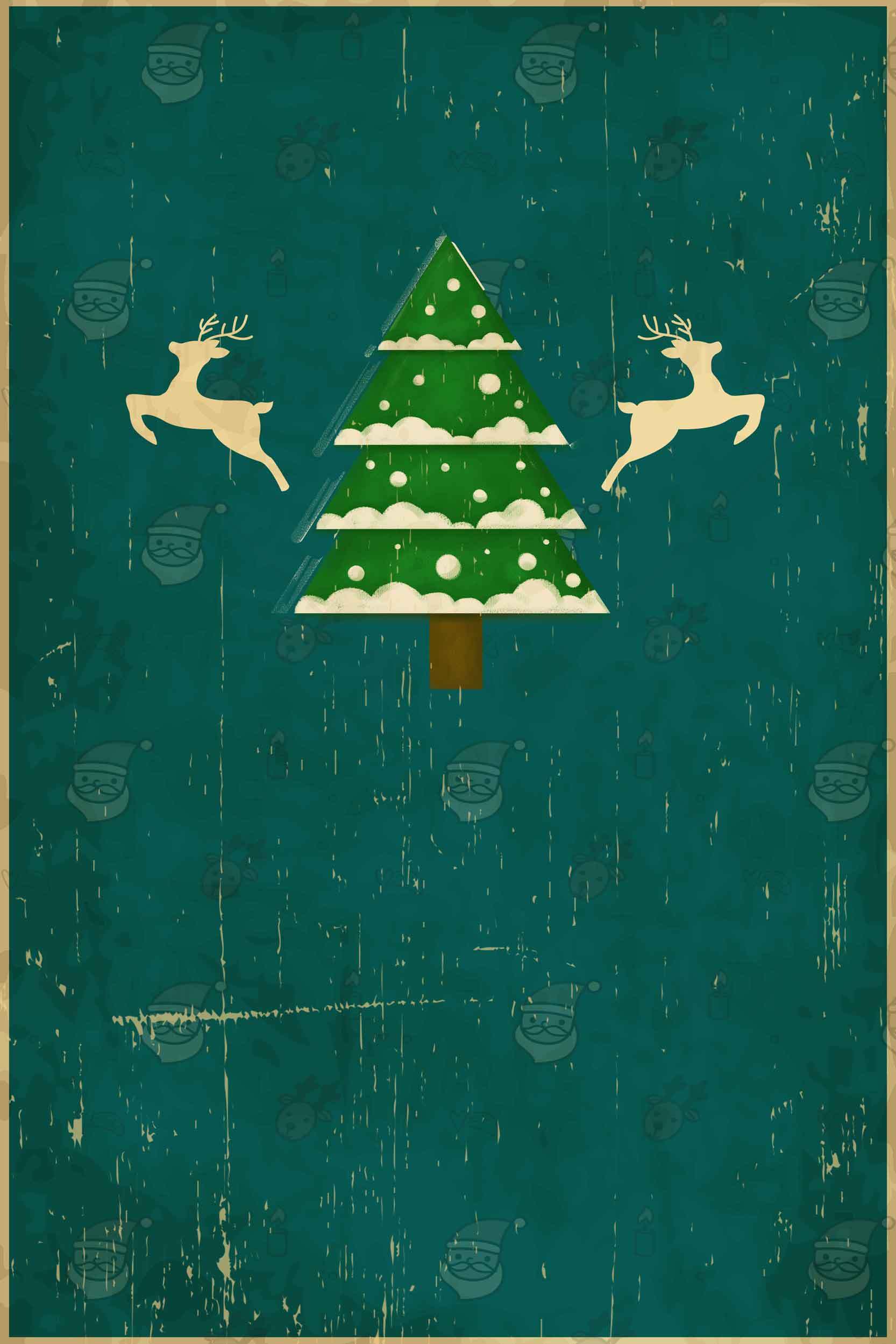 圣诞节复古风格绿色松树与麋鹿装饰图片素材
