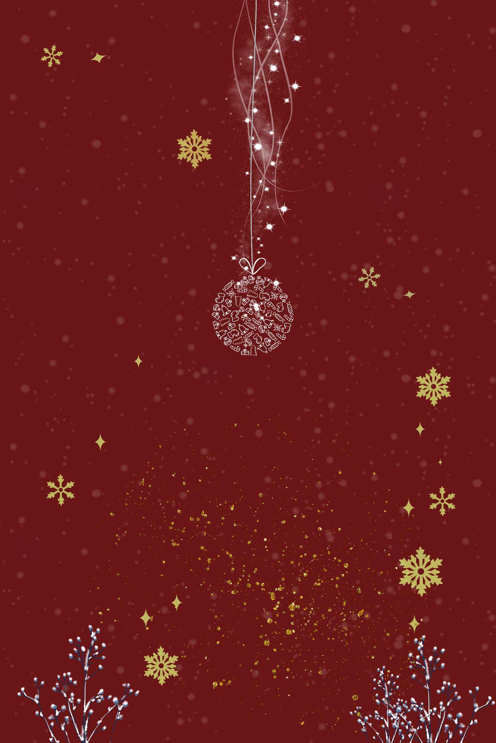 圣诞节红色背景图片装饰球与雪花设计素材