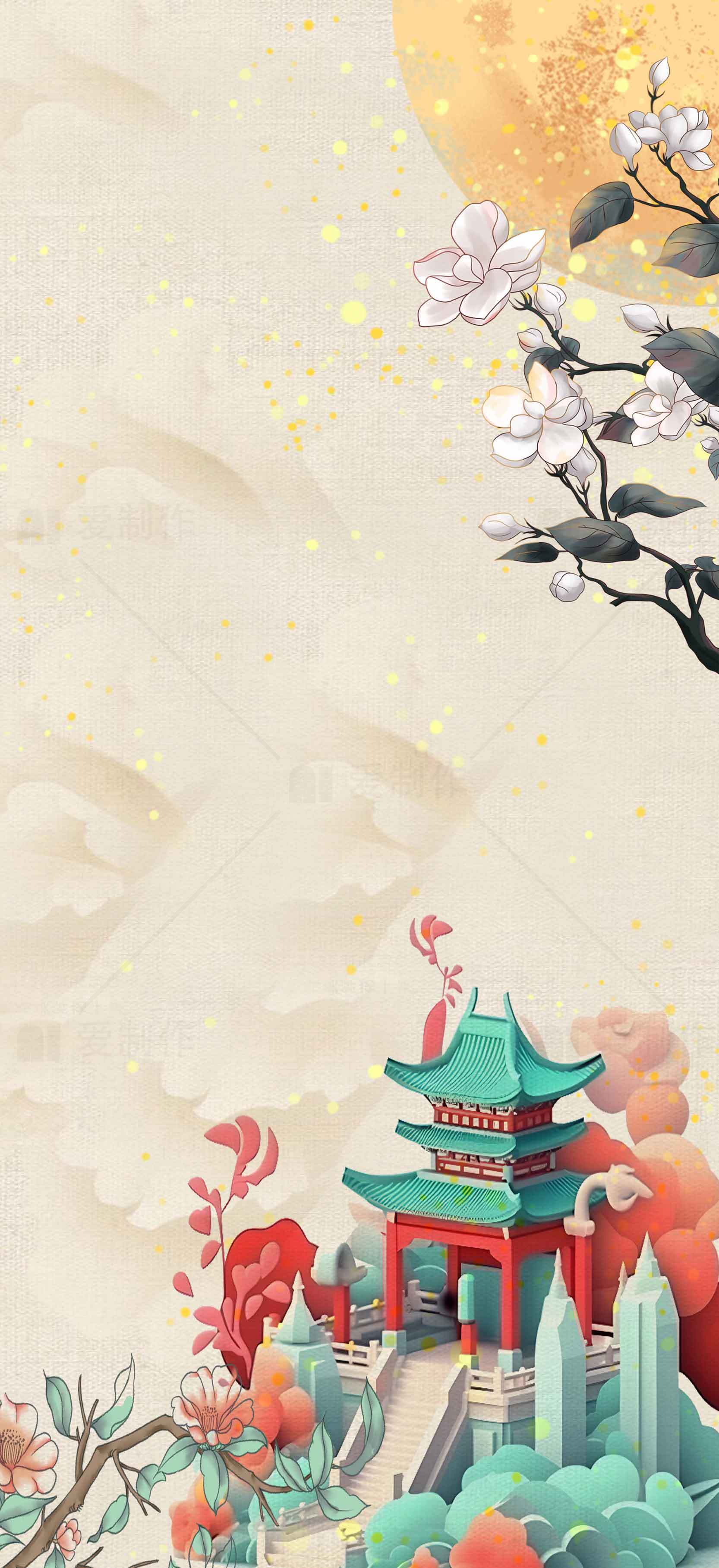 中国传统风景插画：古建筑与花卉背景素材