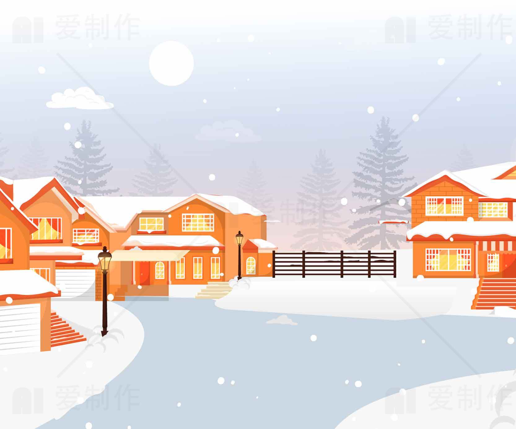 冬季雪景乡村房屋插画素材