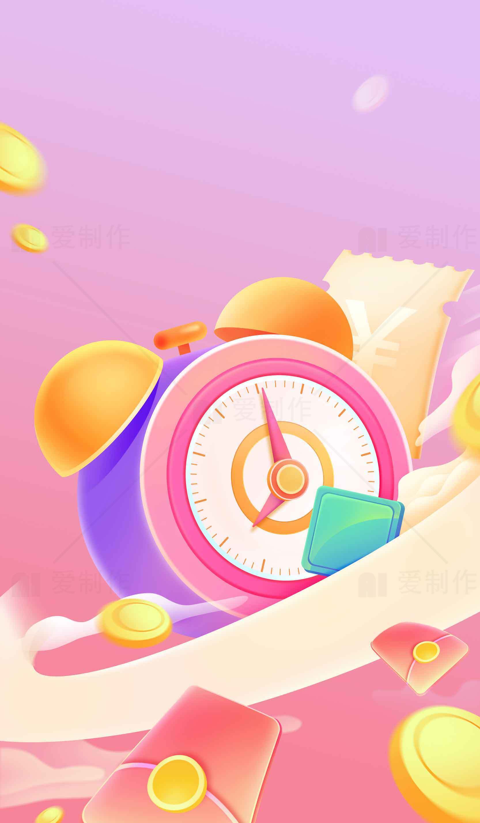 创意粉色闹钟与金币背景图片素材