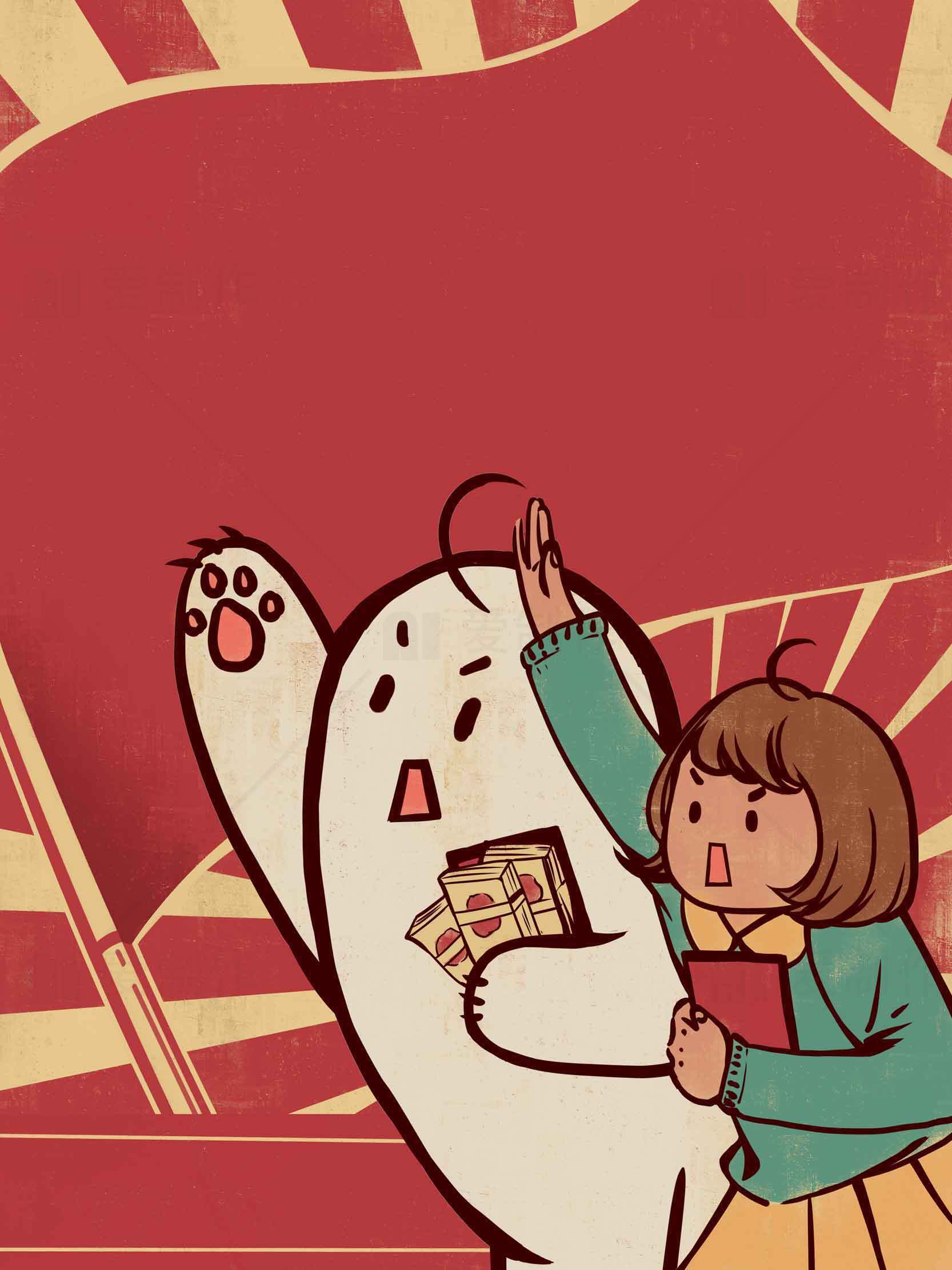 卡通风格的红色背景插画：可爱角色与旗帜场景素材