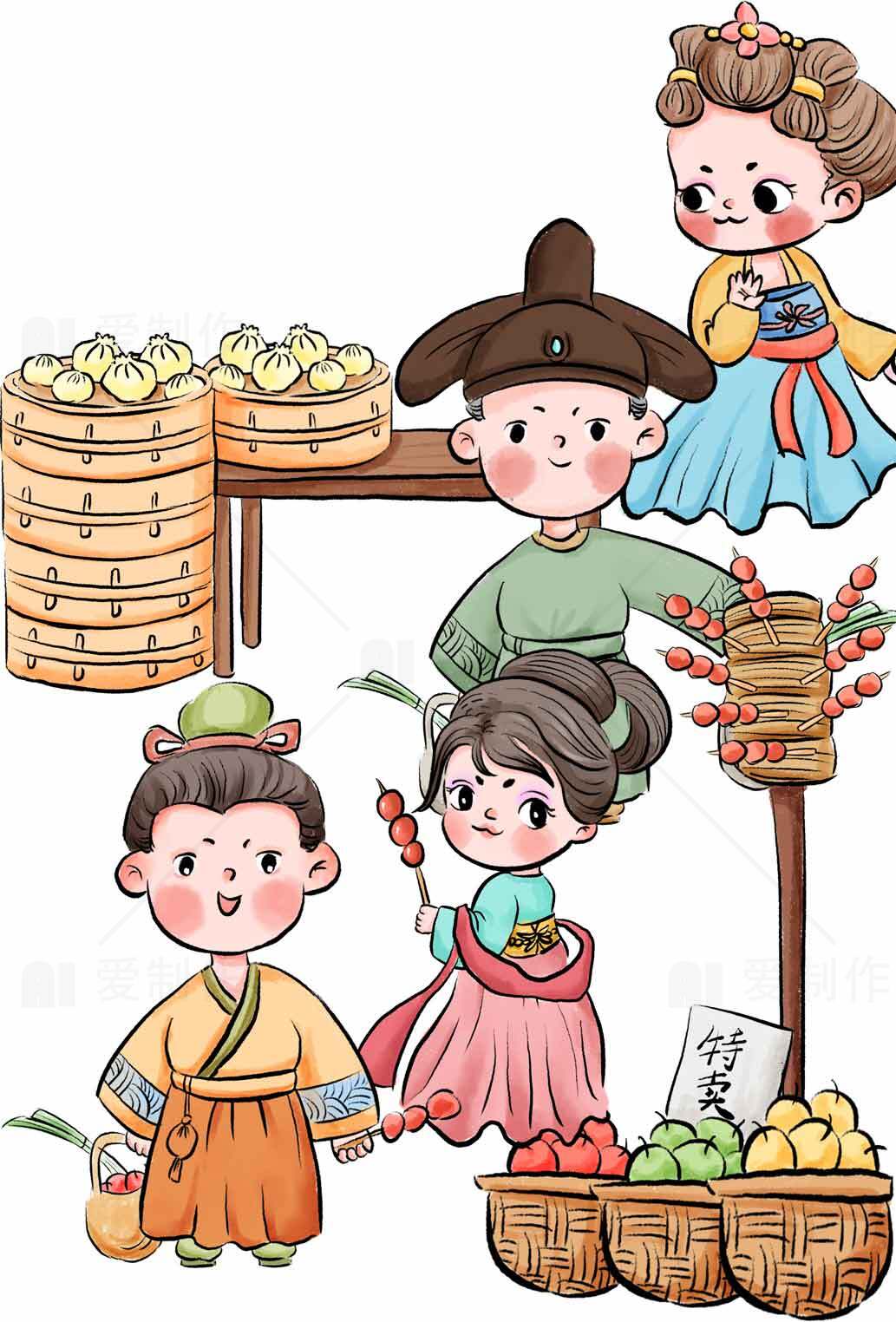 古代集市卡通插画：传统美食与人物场景素材