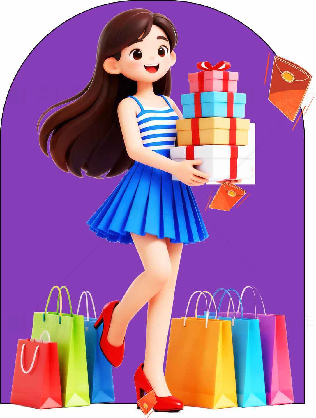 时尚购物女孩插画设计素材