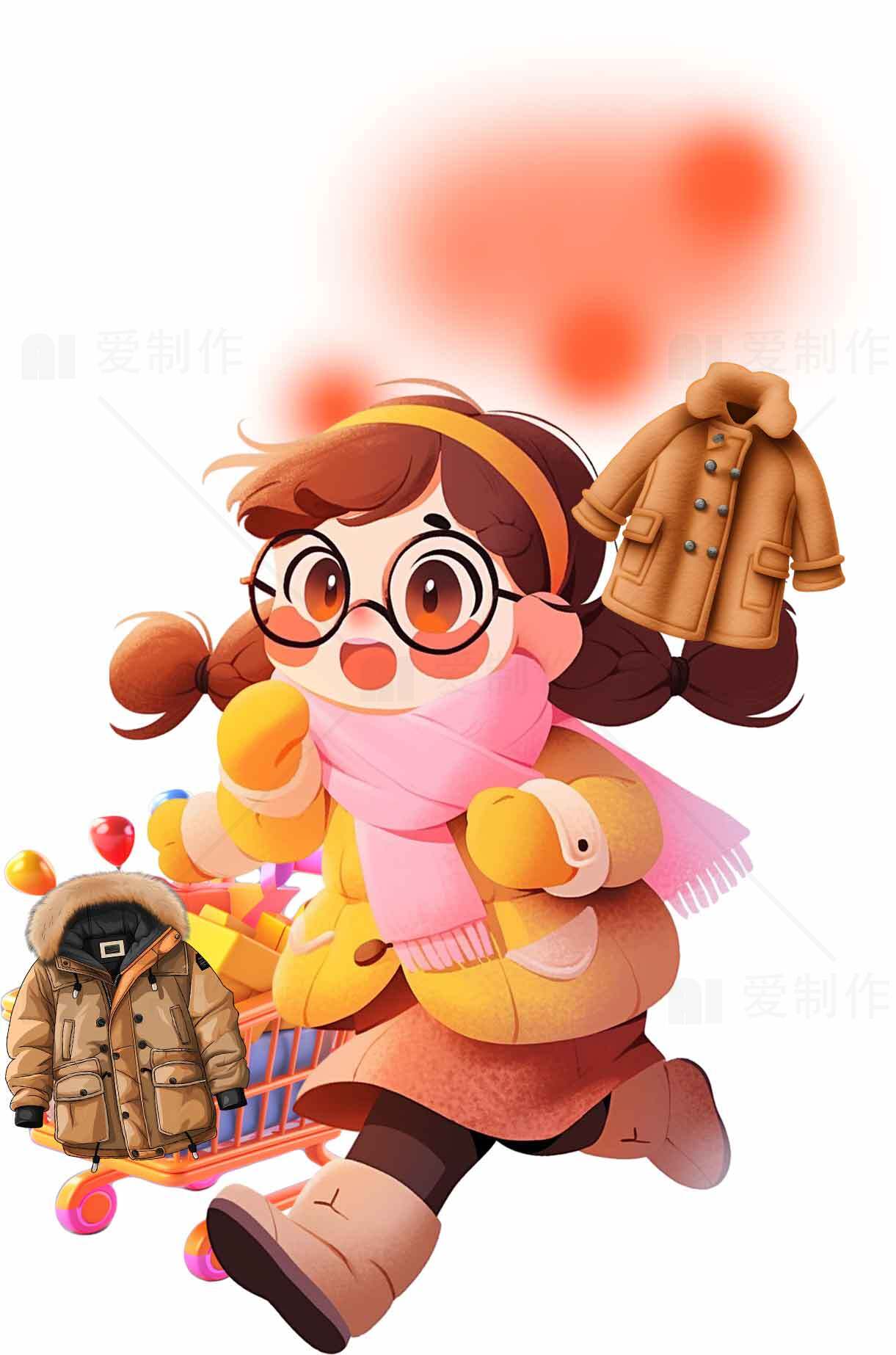 冬季卡通女孩购物插画-温暖羽绒服推荐素材