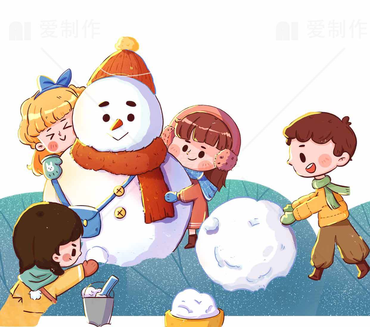 冬季儿童堆雪人插画素材图片