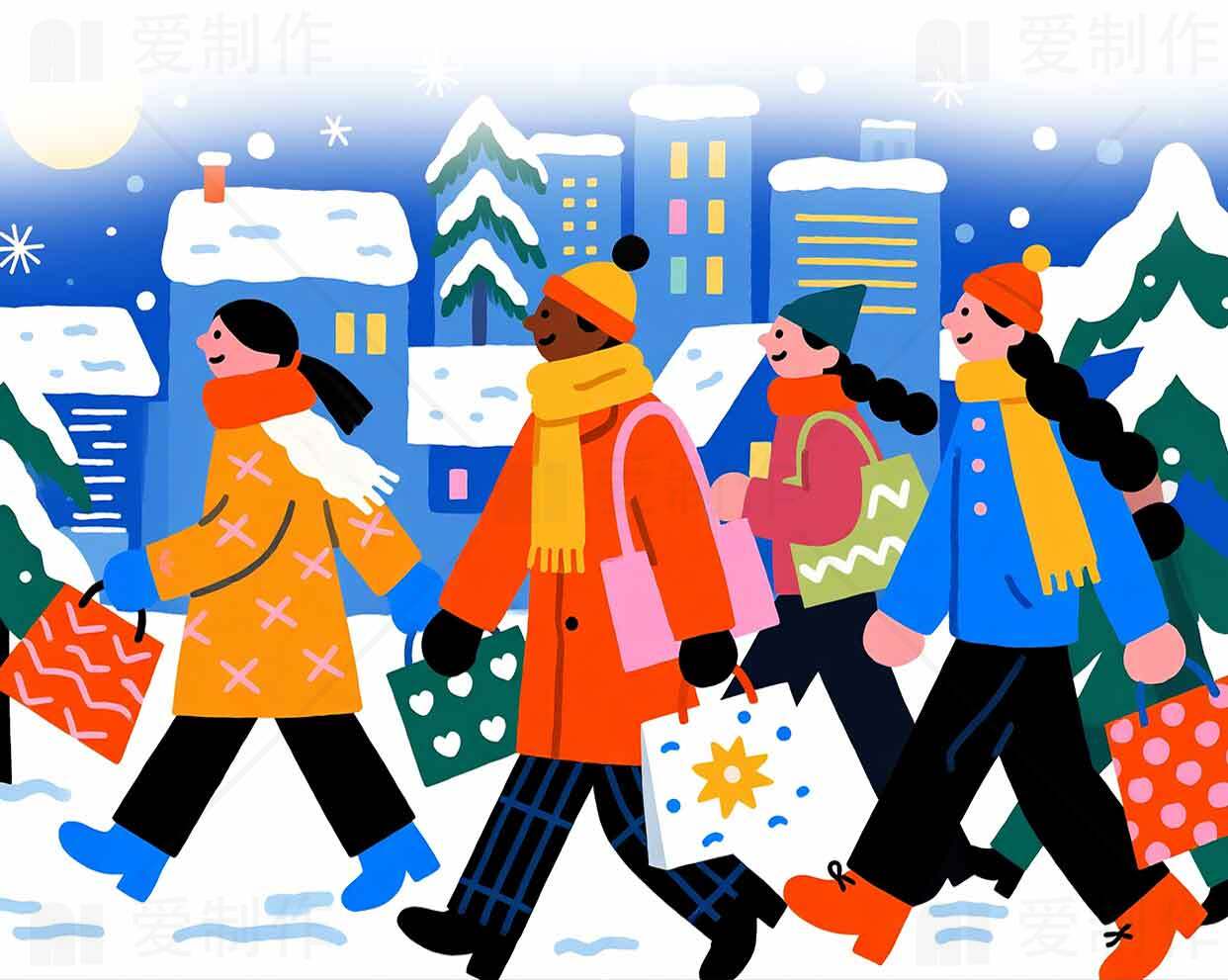 冬季购物节插画设计：欢乐的节日氛围素材