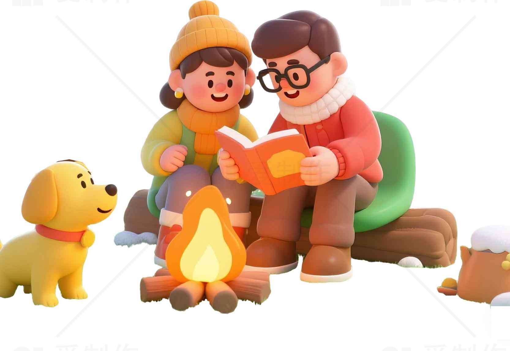 温馨冬季露营场景插画素材