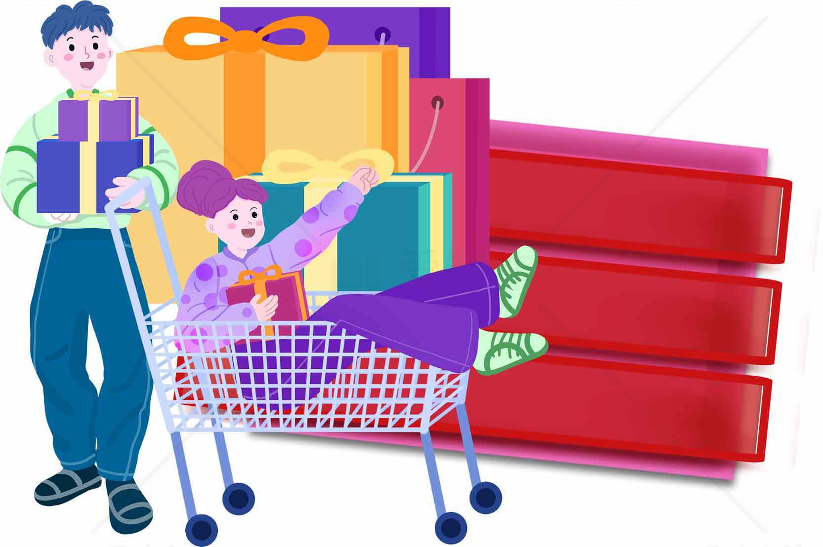购物狂欢节插画：购物车与礼物的趣味场景素材