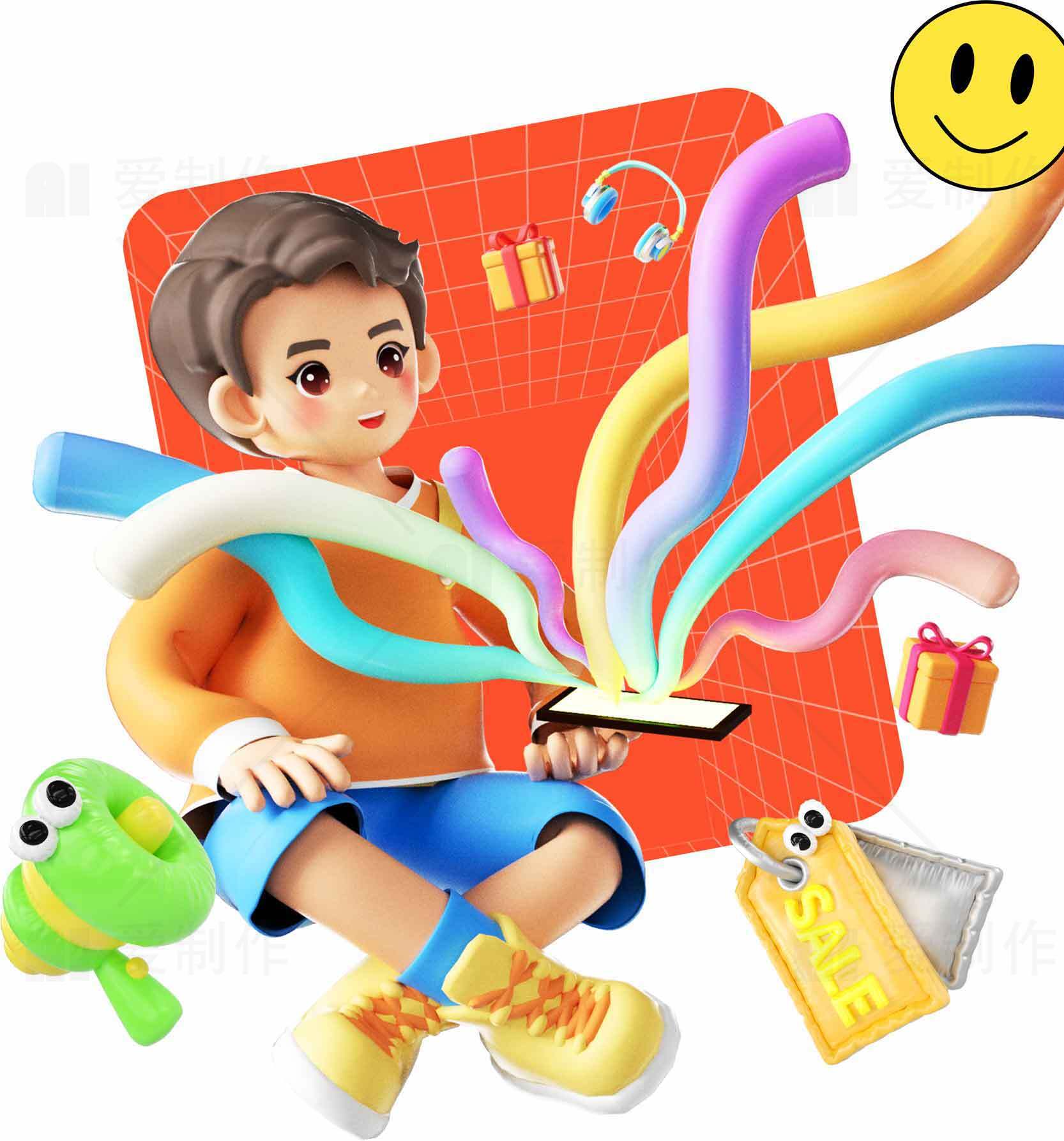 创意3D插画：数字购物与娱乐的多彩世界素材