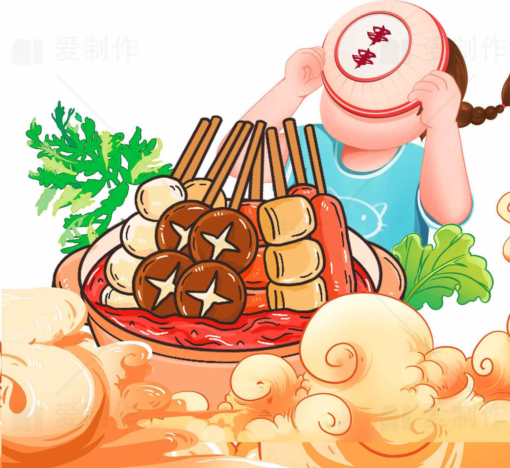 麻辣烫美食插画-热气腾腾的街头小吃素材